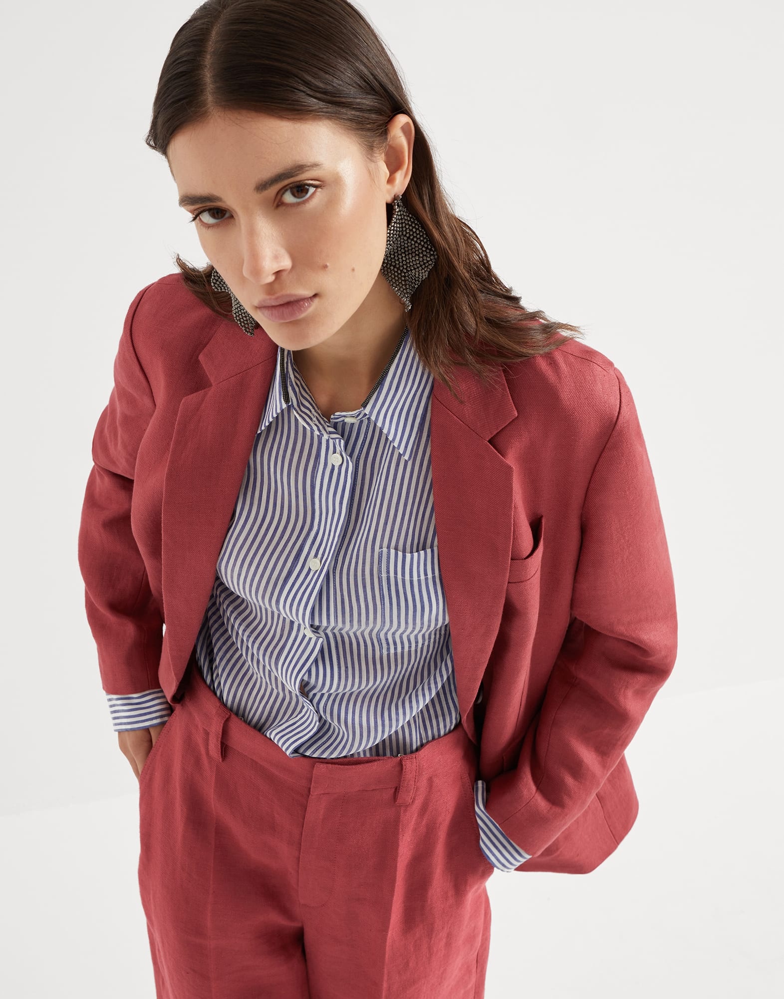 Dyed hemp and linen gabardine blazer with monili - 4