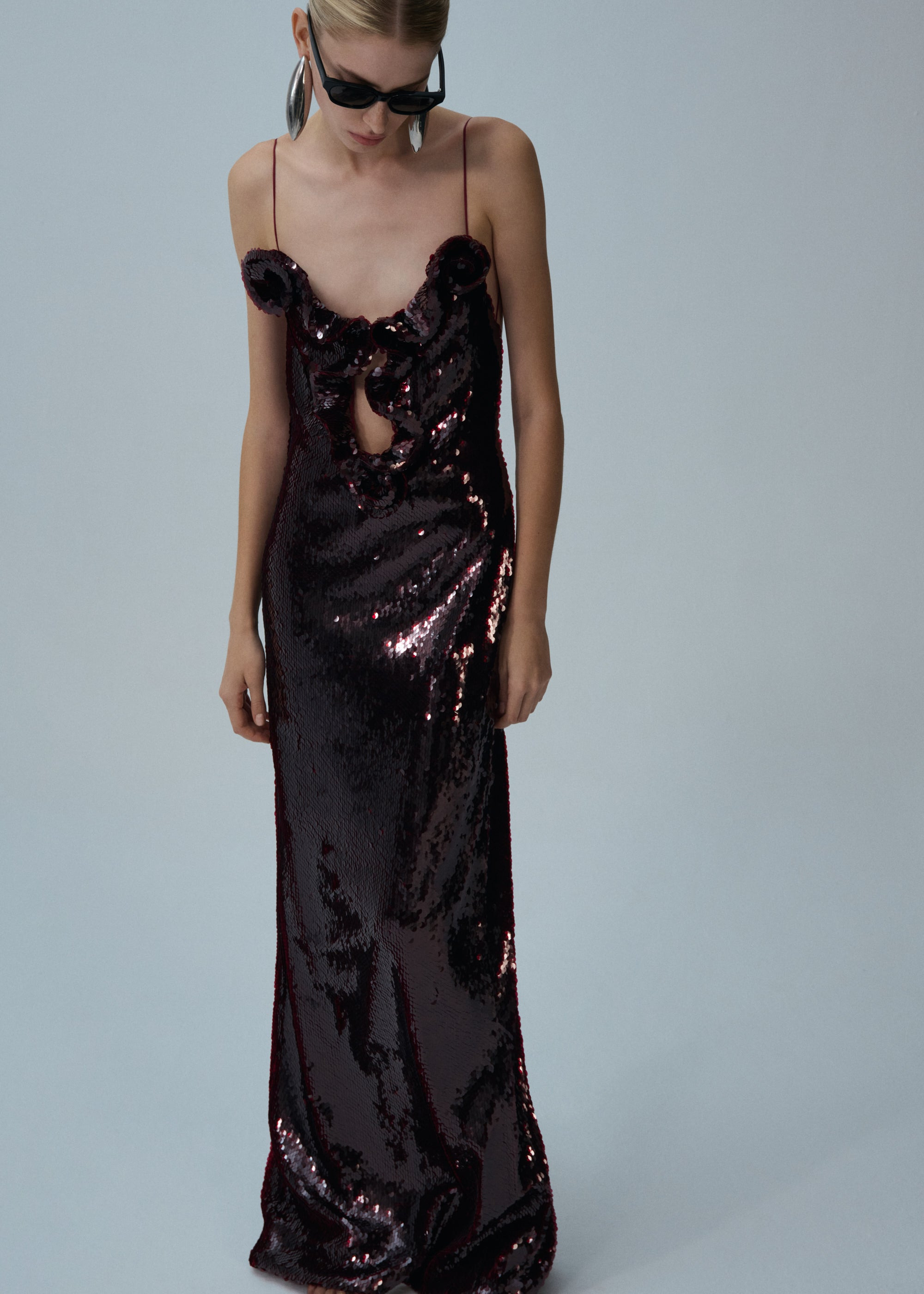 Ruffle applique sequin gown in bordeaux - 3