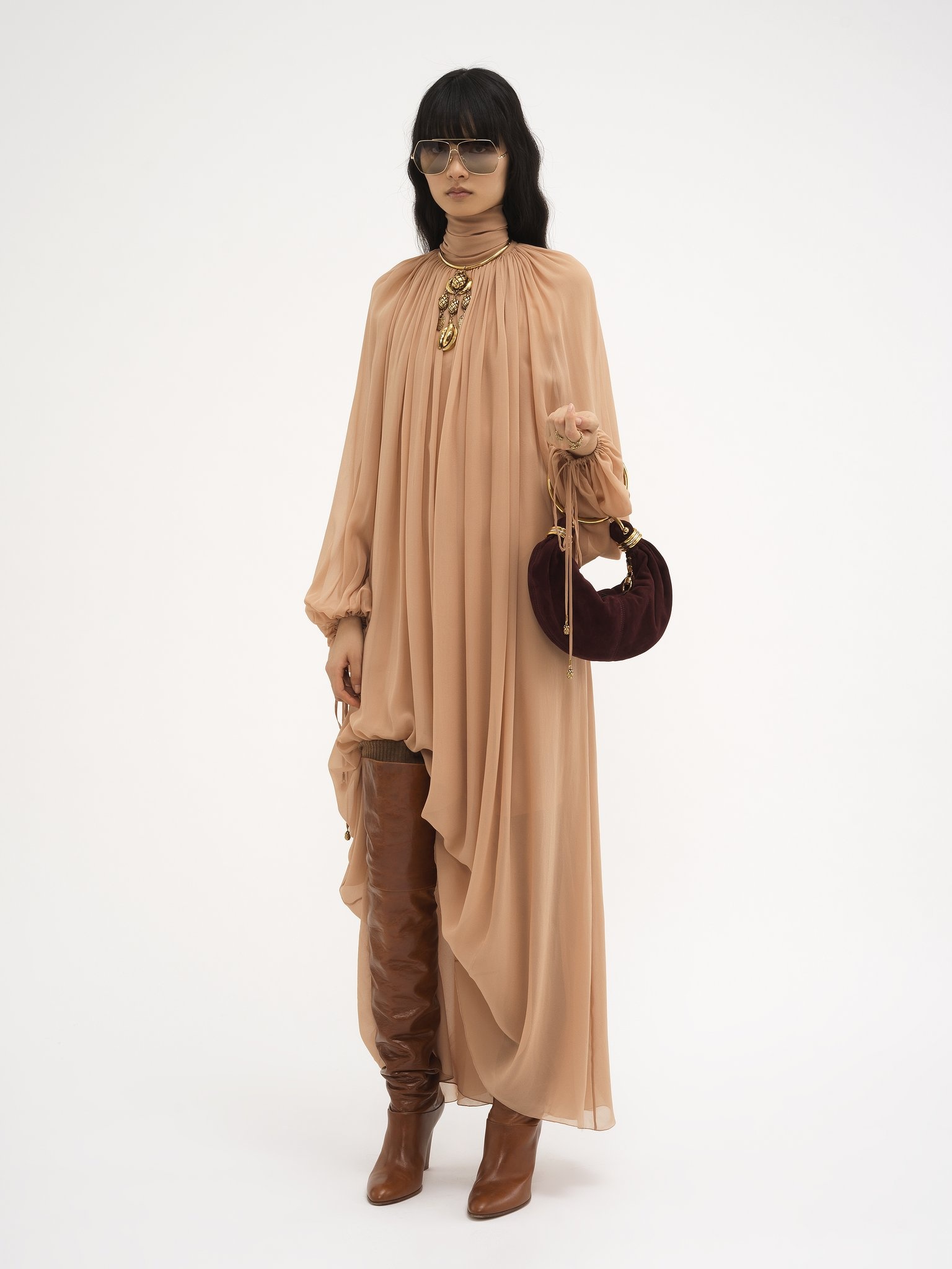 MOCK-NECK GATHERED LONG DRESS IN SILK GEORGETTE - 3