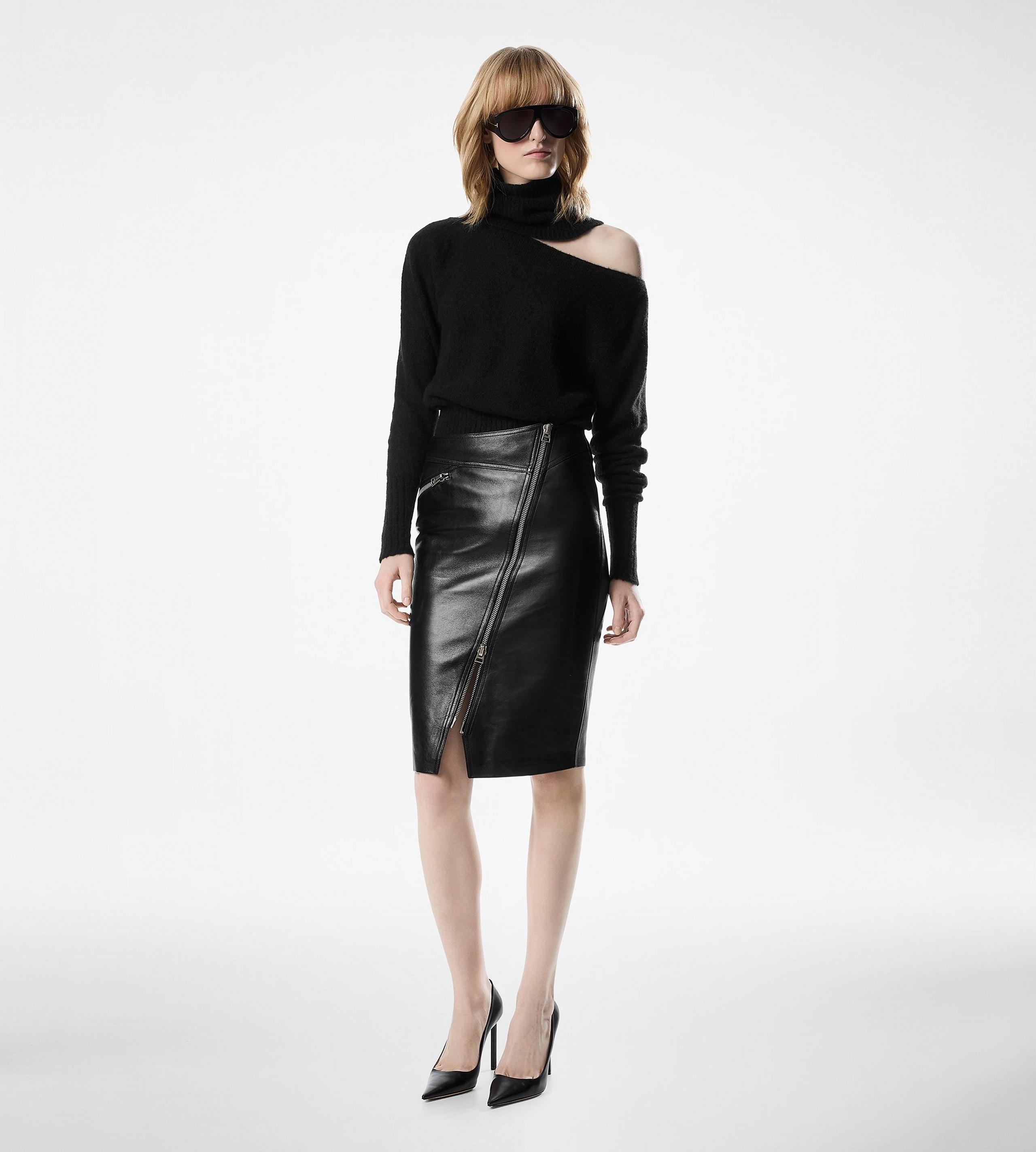 KNEE-LENGTH DIAGONAL ZIP LEATHER SKIRT - 3