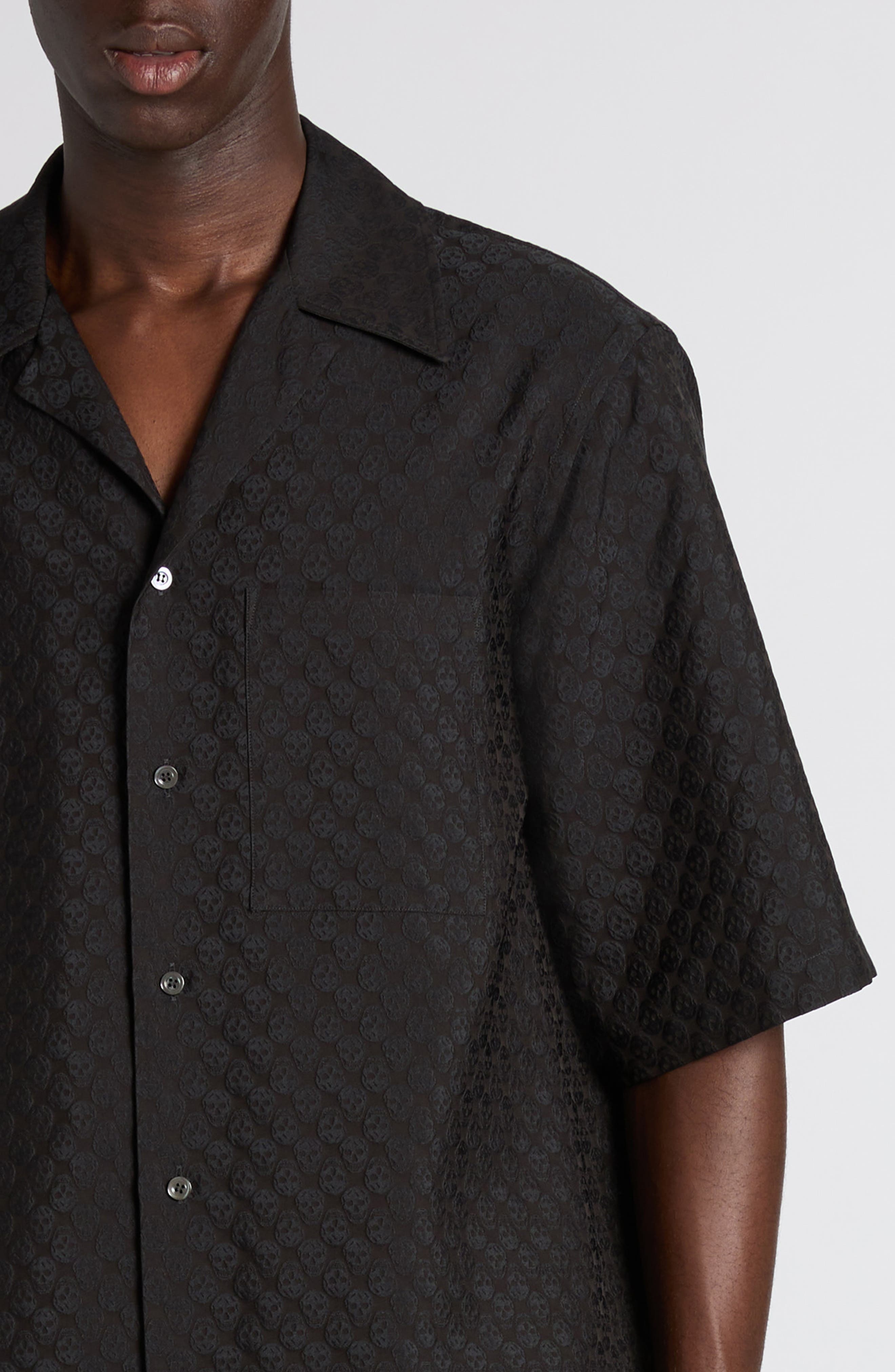 McQueen Skull Jacquard Satin Camp Shirt in Black/Black at Nordstrom - 5