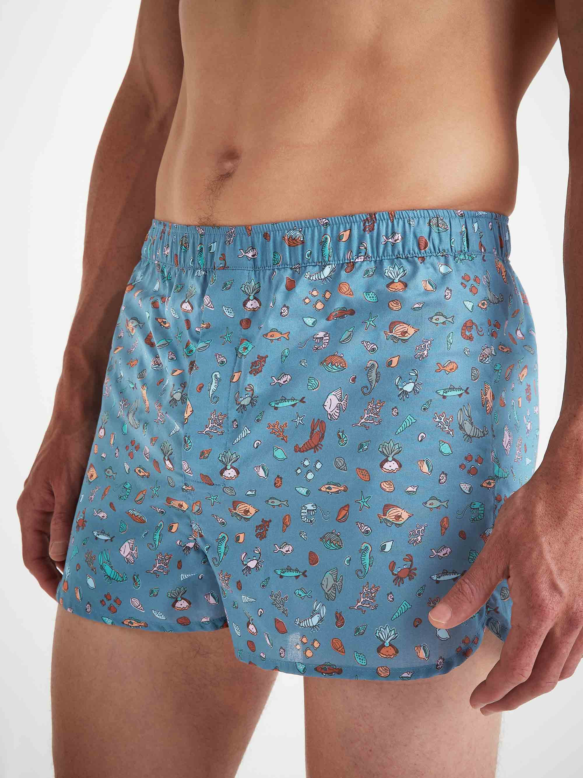 Men's Modern Fit Boxers Cotton Batiste Blue Sea Friends Print - 3