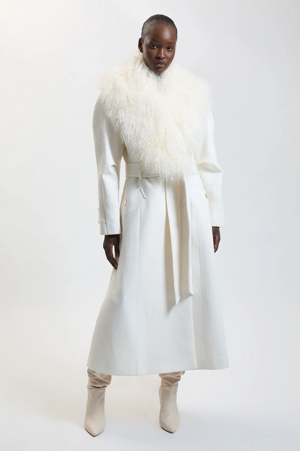 Wool Blend Mongolian Collar Belted Full Midi Coat - 1