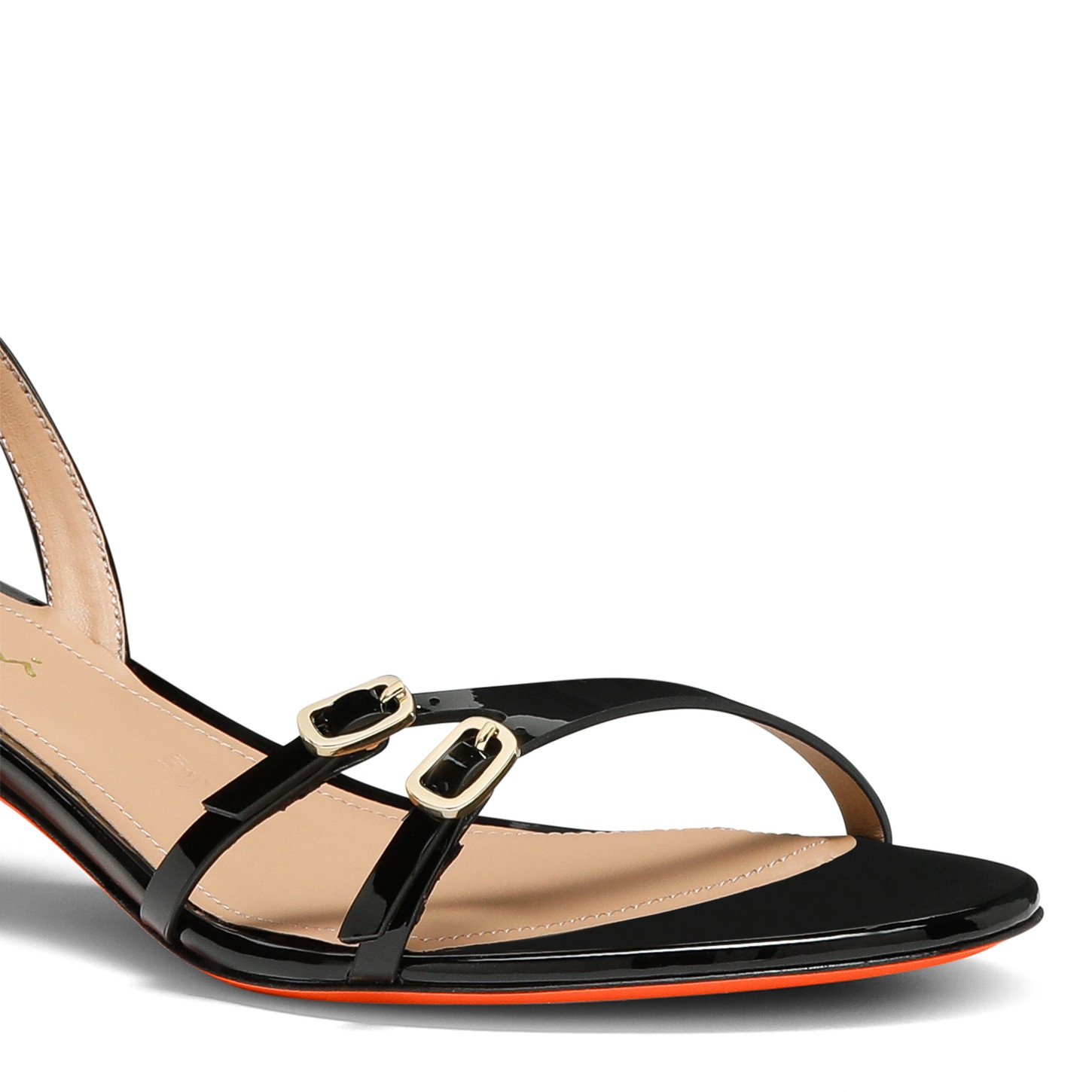 Women's black patent leather mid-heel sandal - 5