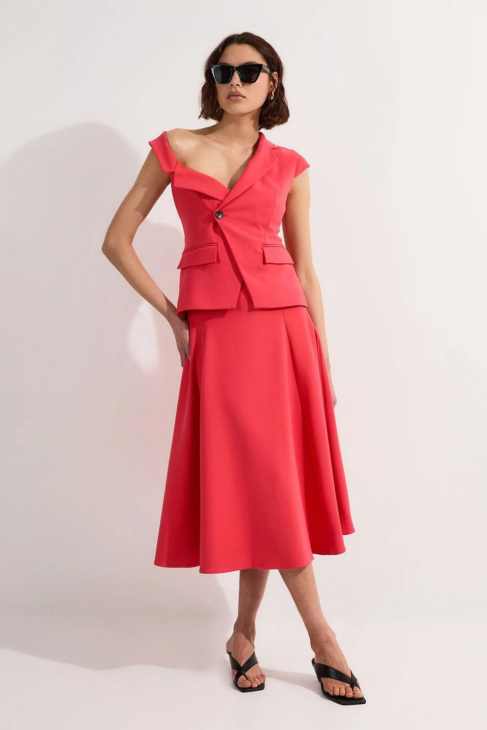 Compact Stretch Asymmetric Collar Belted Full Skirted Tailored Midi Dress - 1