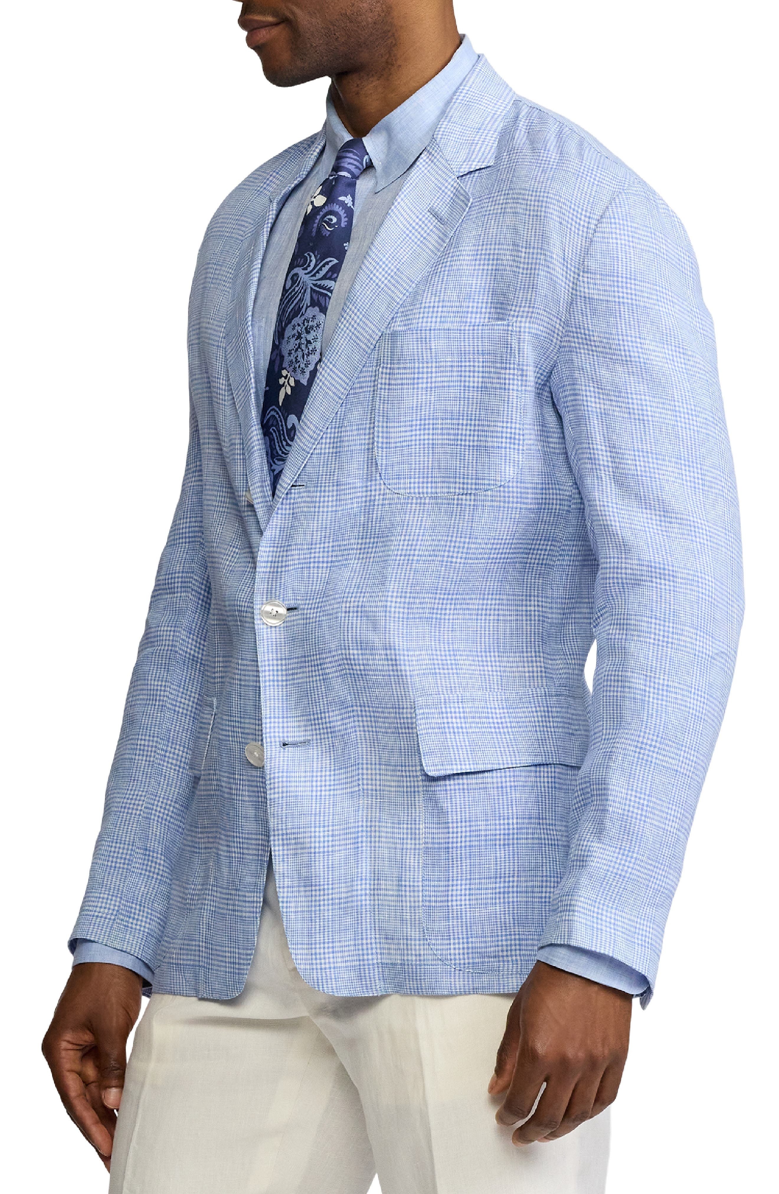 Ralph Lauren Purple Label Glen Check Single Breasted Linen Sport Coat in Cornflower Blue/White at No - 3
