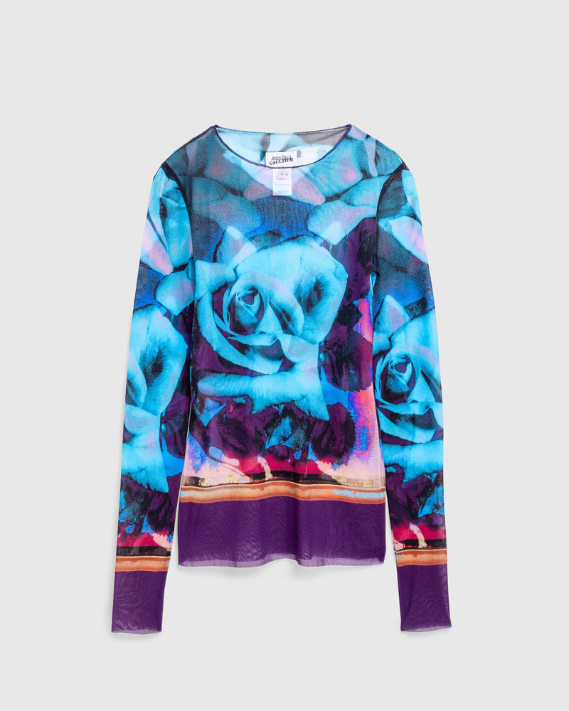 Jean Paul Gaultier – Mesh Long-Sleeve Top Printed Roses Purple/Blue/Pale Pink 1