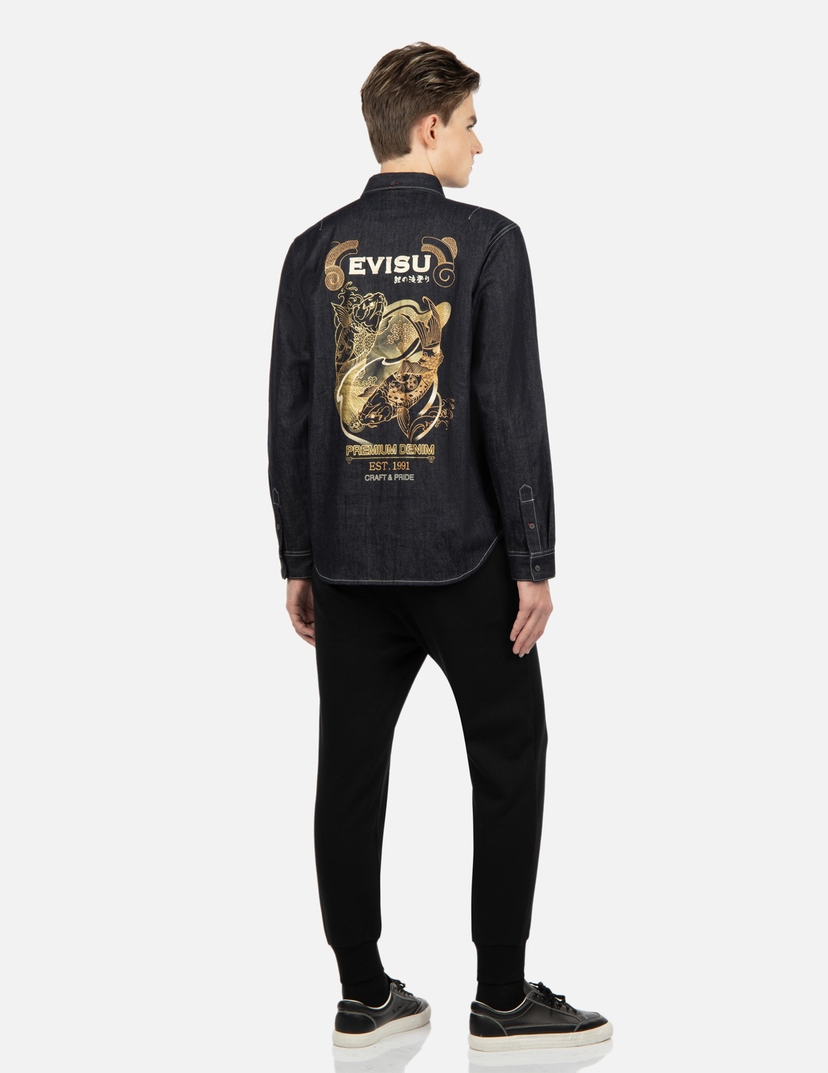 “KOI PLAYING IN WAVES” GRAPHIC FOIL-PRINT DENIM SHIRT - 3