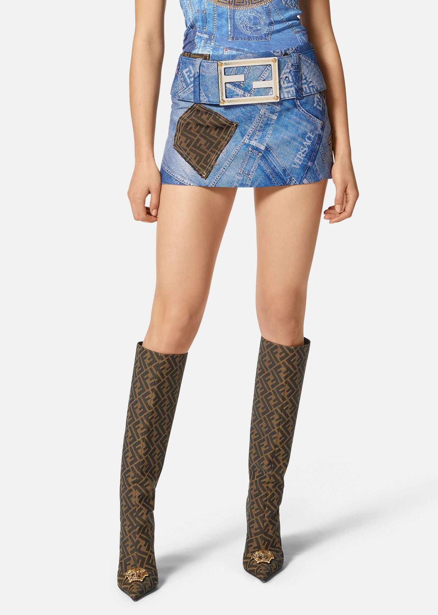 Fendace Denim Patchwork Mini Skirt - 3