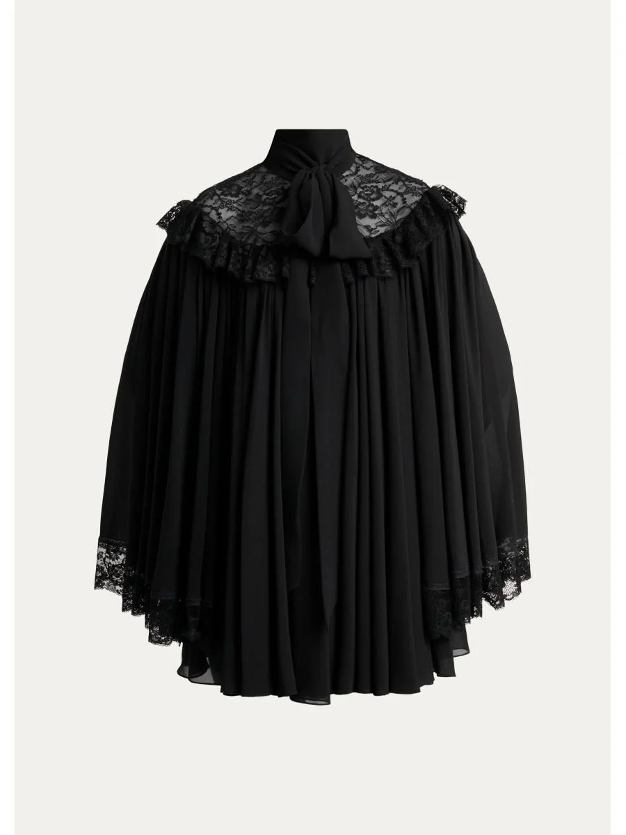 Pleated Floral Lace Tie-Neck Mini Dress - 1
