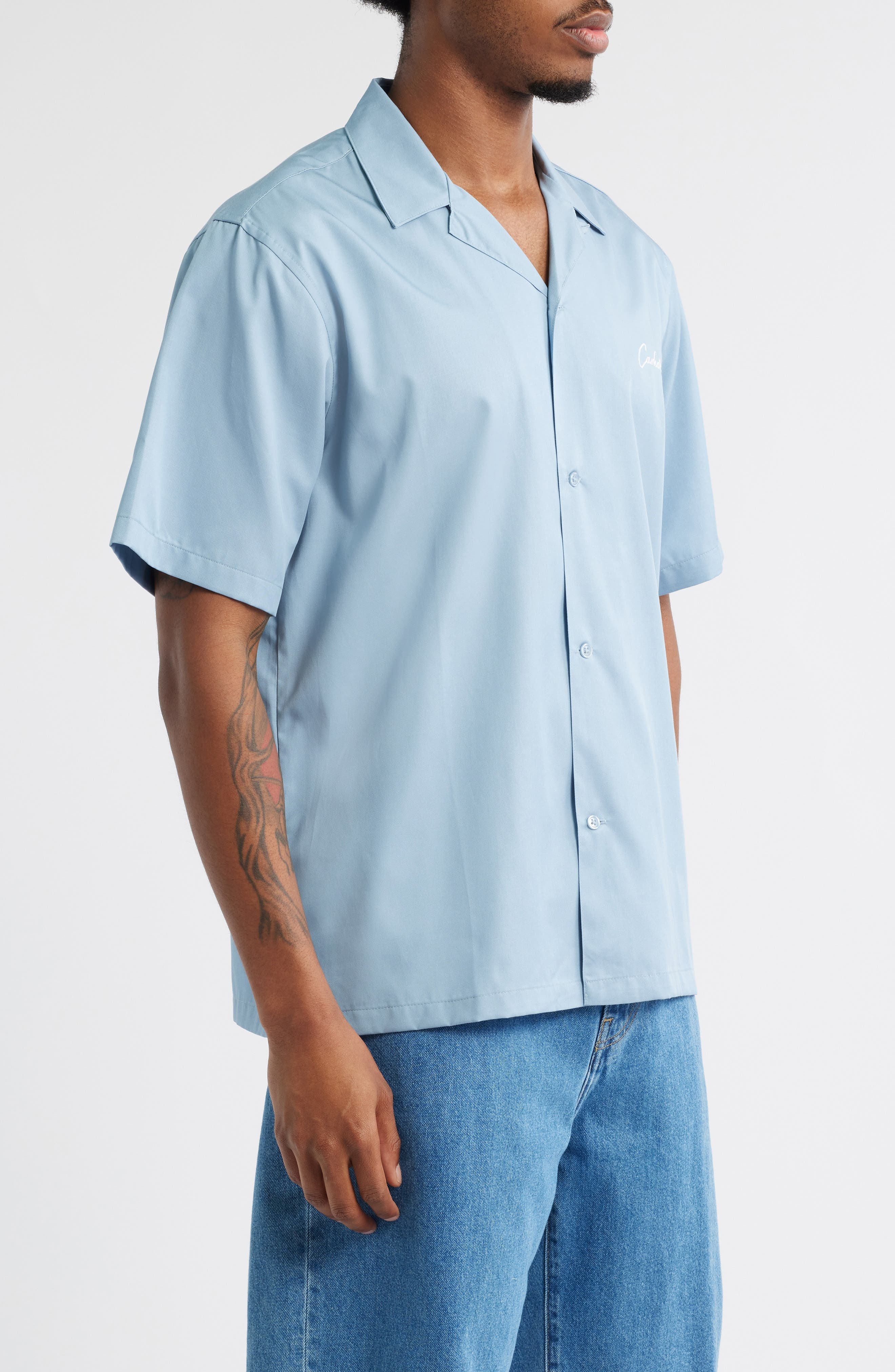 Carhartt Work In Progress Delray Cotton & Lyocell Camp Shirt in Frosted Blue /White at Nordstrom - 4