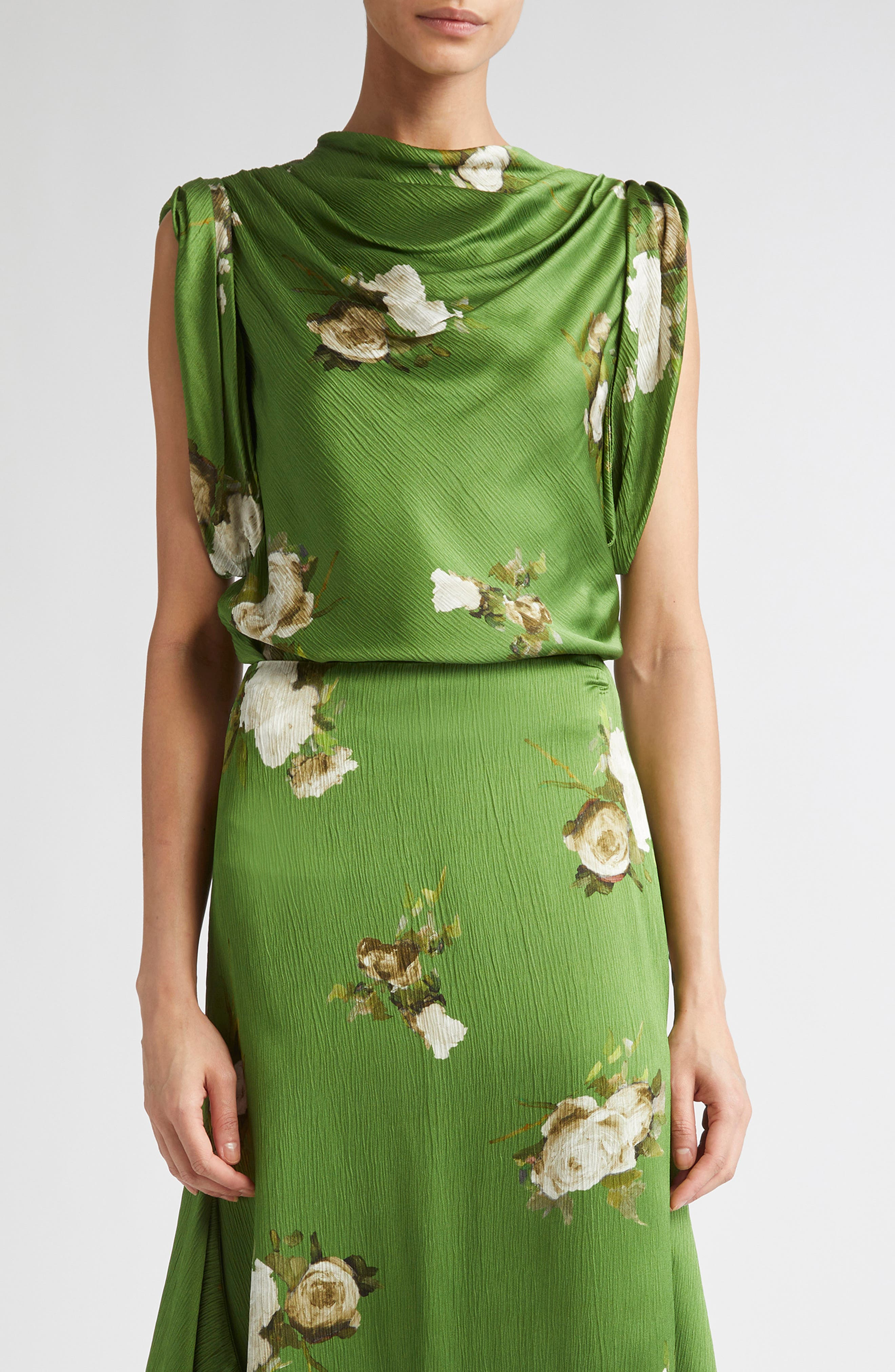 Erdem Painted Rose Print Crinkled Satin Top in Painted Rose Bouquet Olive at Nordstrom - 1