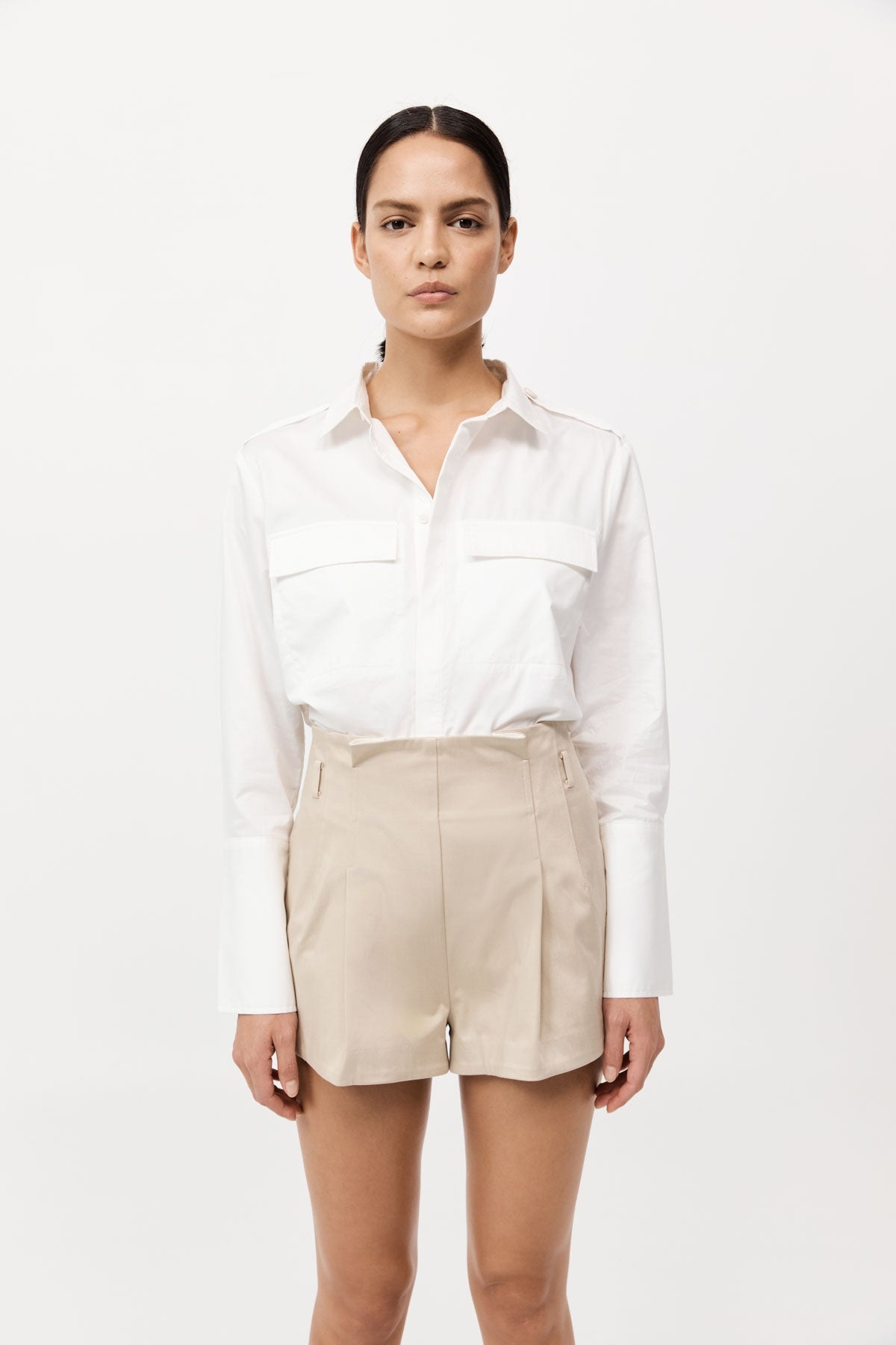 Cotton Paperbag Waist Shorts - Champagne - 3
