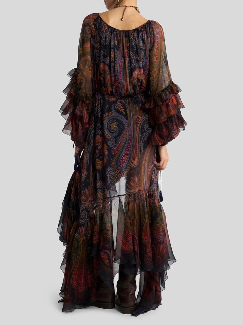SILK MIDI DRESS WITH RUFFLES AND PLACED PAISLEY PRINT 4