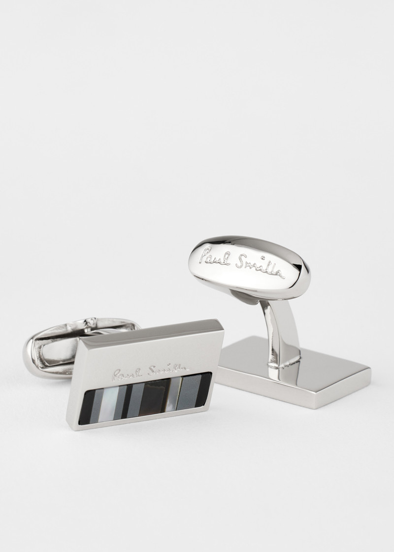 Paul Smith Silver Mother of Pearl Stripe Logo Cufflinks outlook