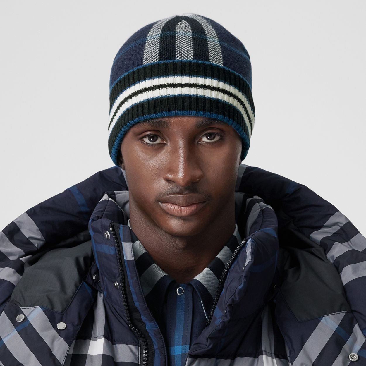 Check and Stripe Cashmere Beanie - 4