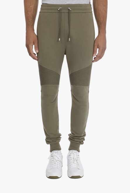 Olive green sustainable cotton sweatpants with white Balmain Paris logo - 6