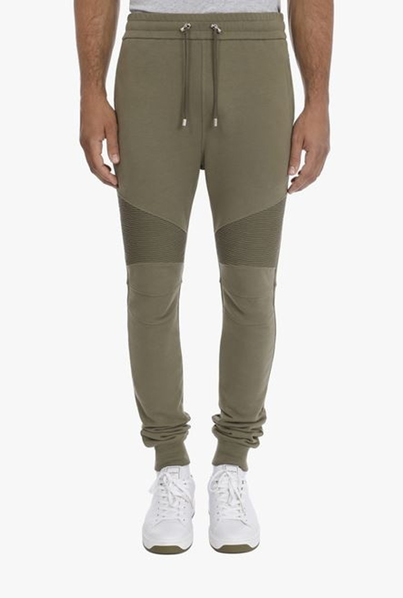 Olive green sustainable cotton sweatpants with white Balmain Paris logo 6
