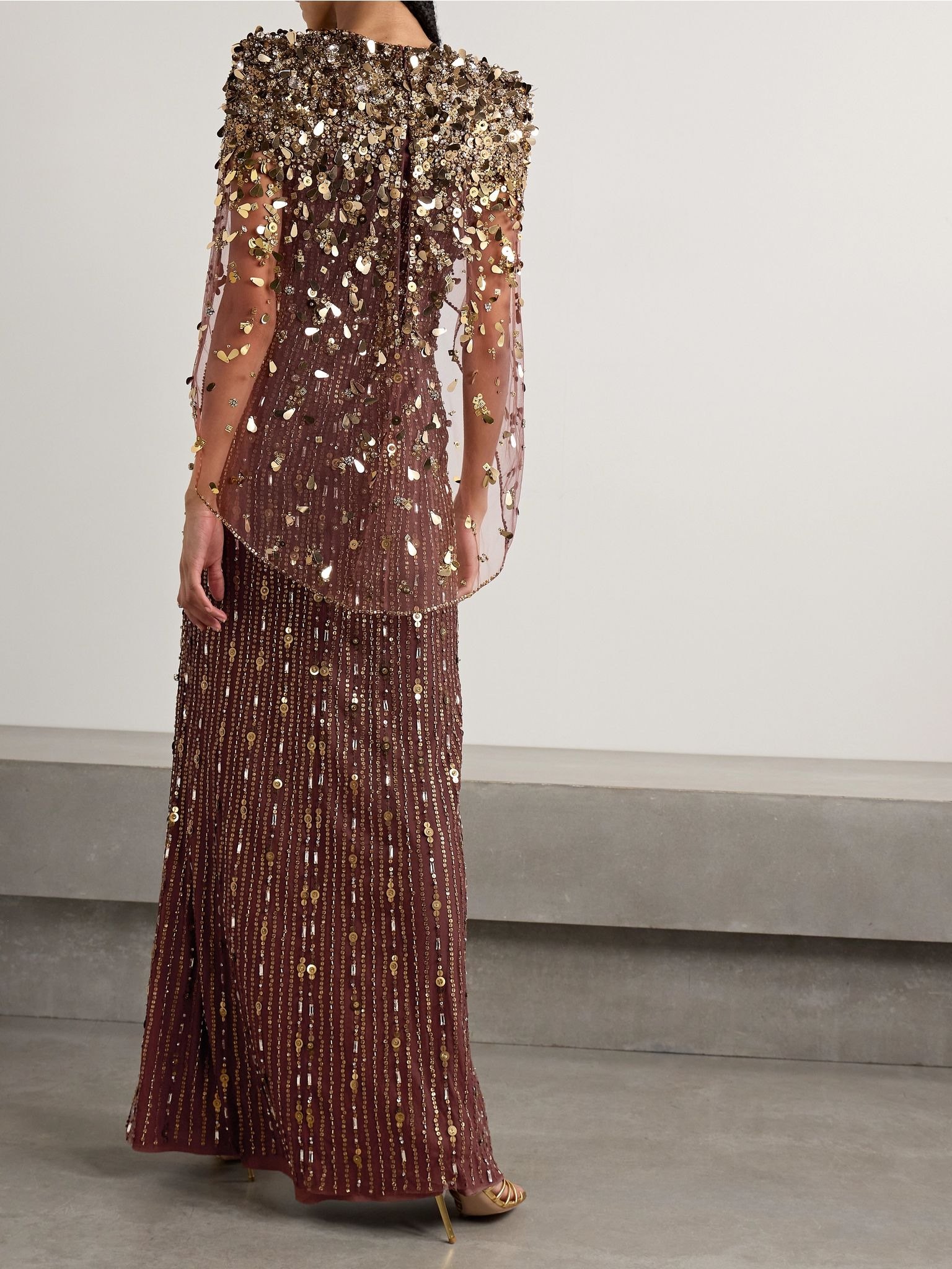 Nettie cape-effect embellished sequined tulle gown Bronze - 3