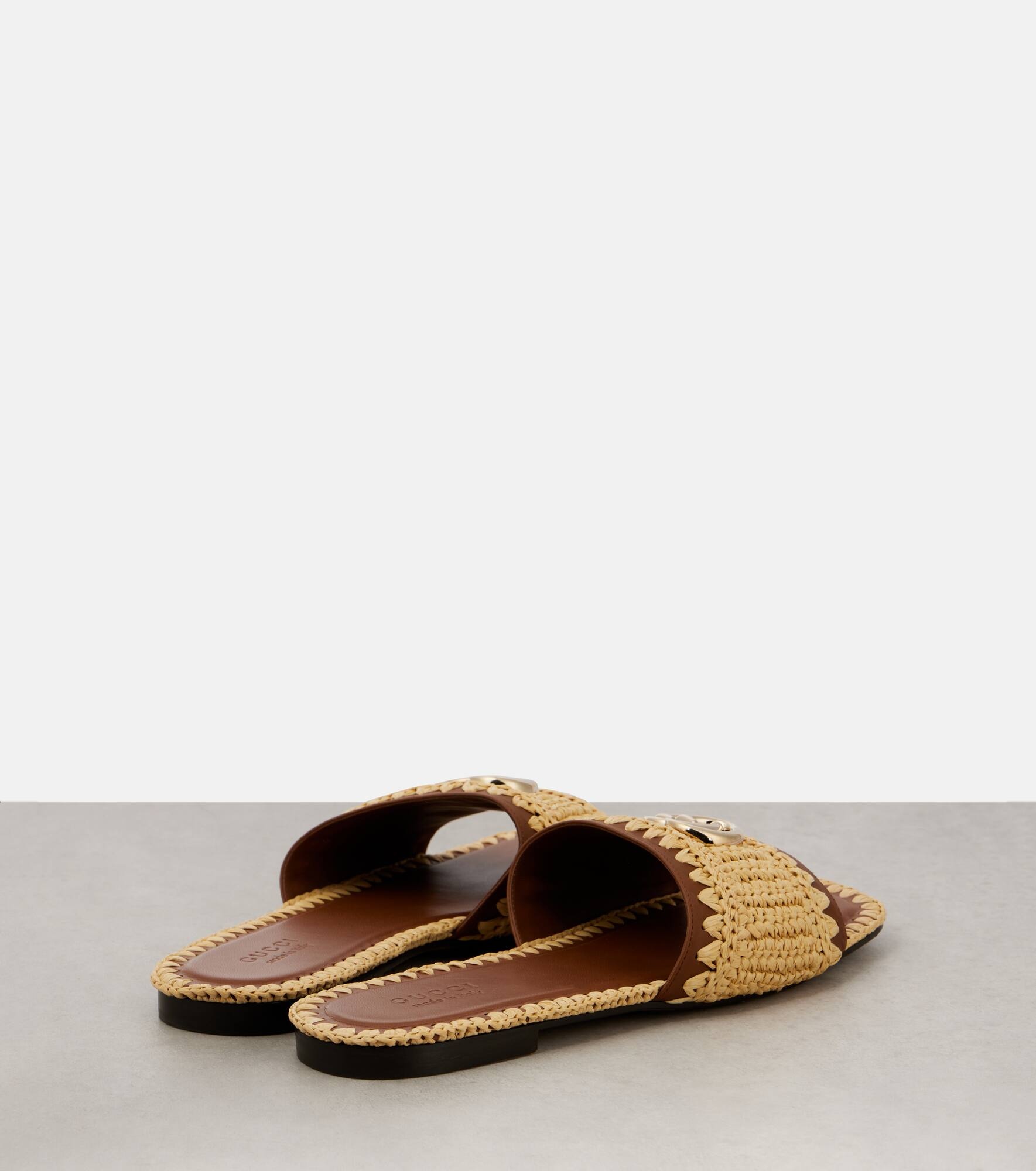 Double G leather and raffia slides - 2
