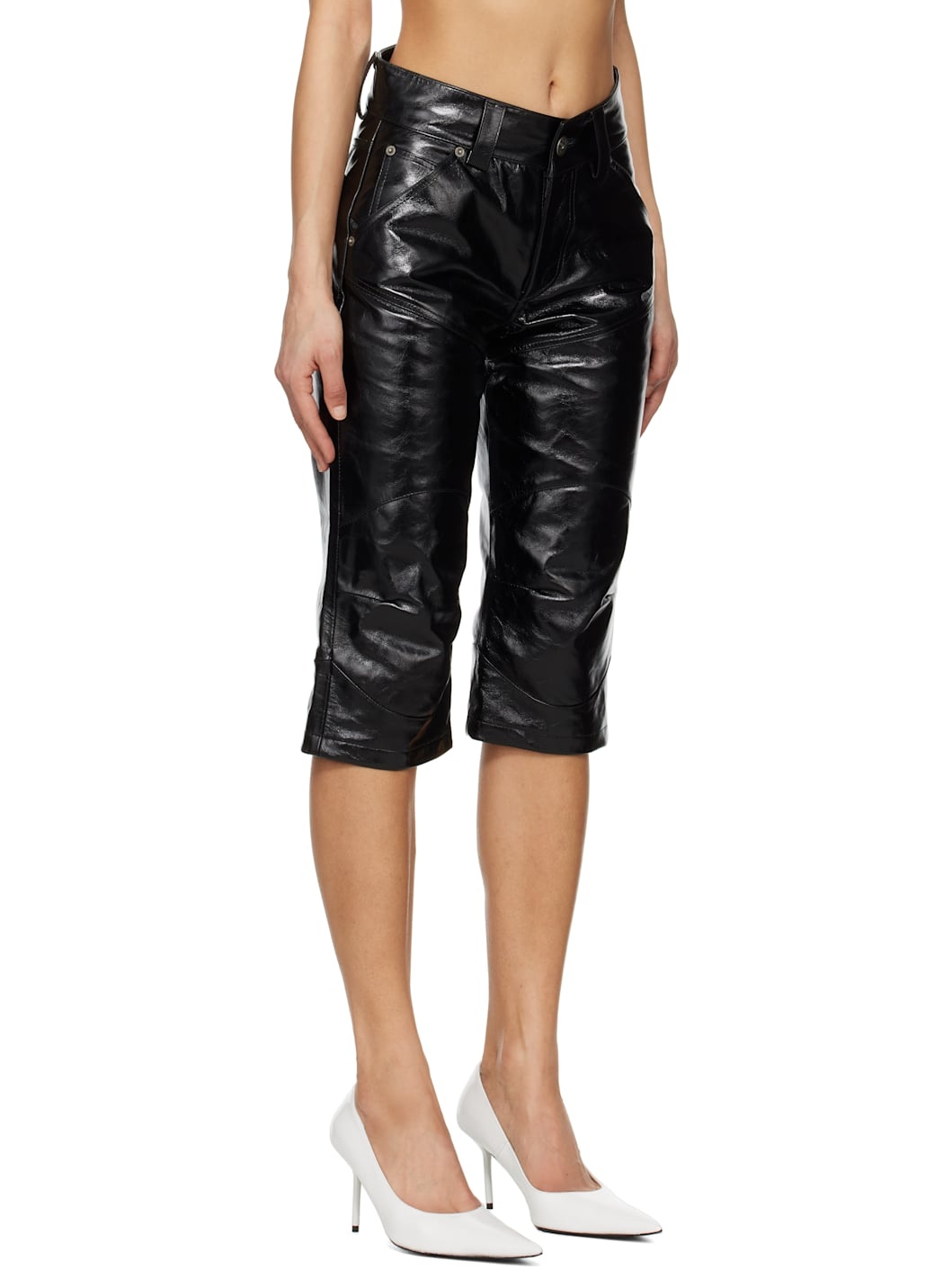 Black Knee Pad Leather Shorts - 2