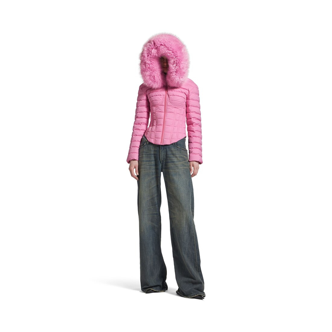 Women's Hooded Corseted Puffer in Pink - 2