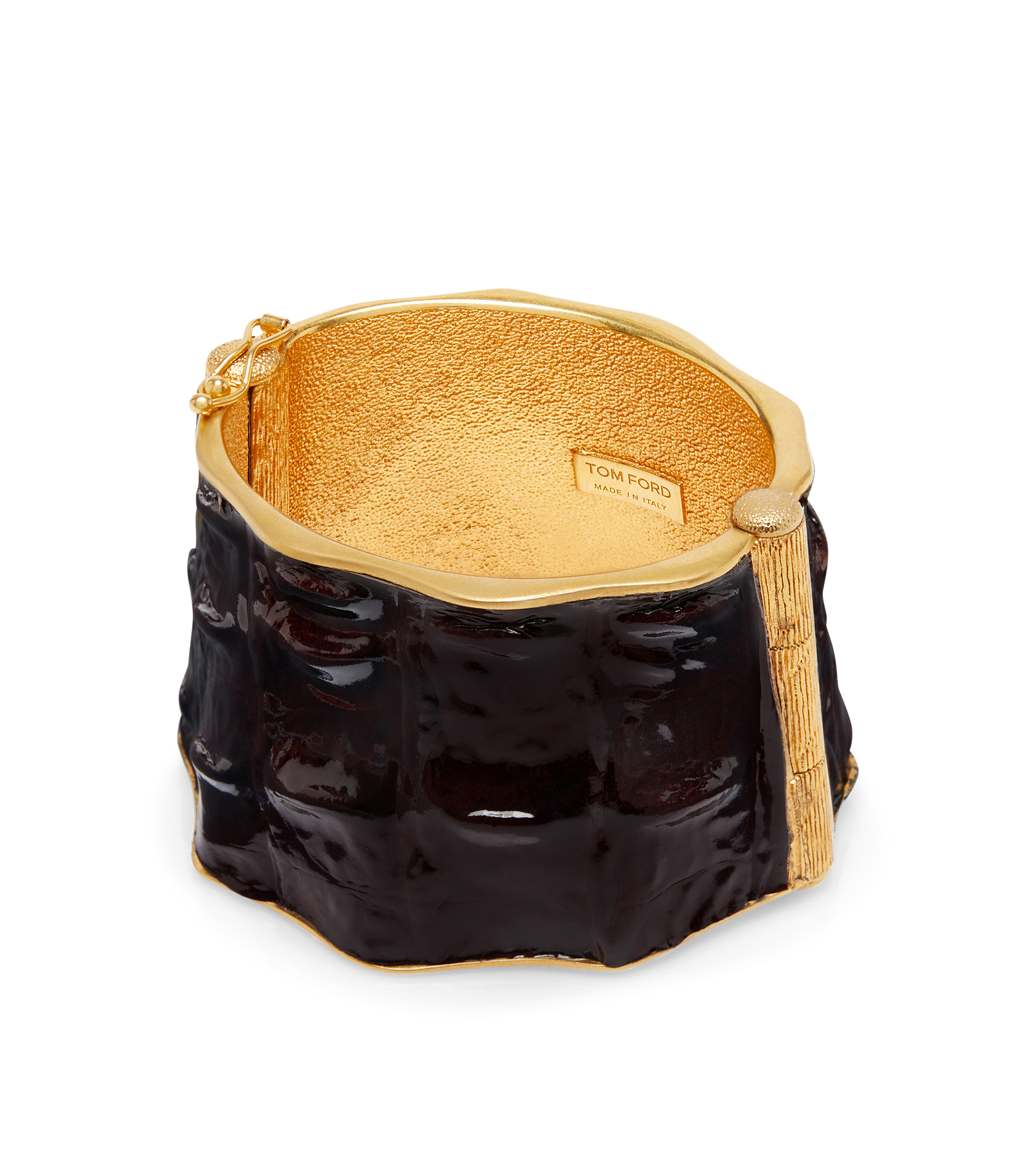 BRASS AND GLOSSY STAMPED CROCODILE LEATHER SOLAR CUFF - 1
