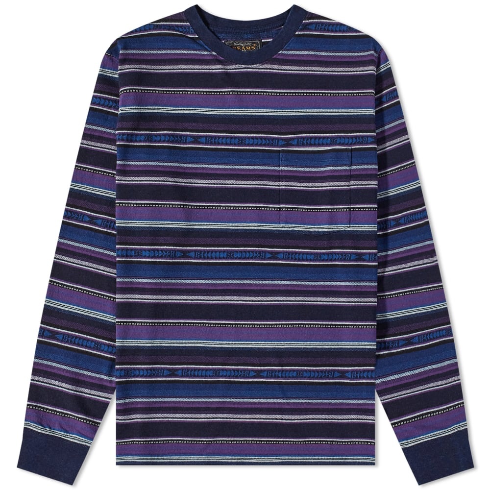 Beams Plus Long Sleeve Indigo Native Stripe Tee - 1