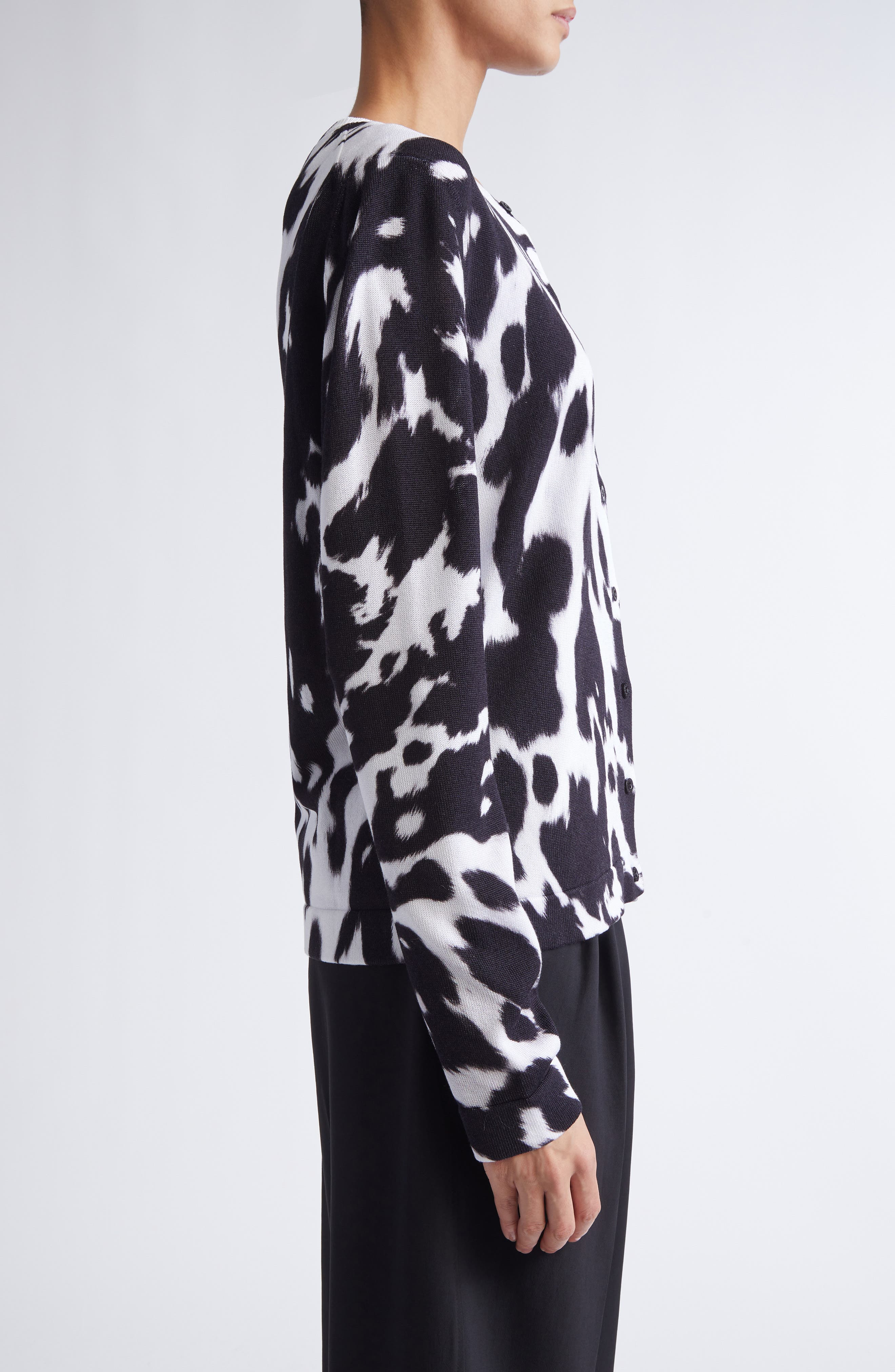 Oscar de la Renta Cow Print Cotton Blend Cardigan in Black/Ivory at Nordstrom - 3