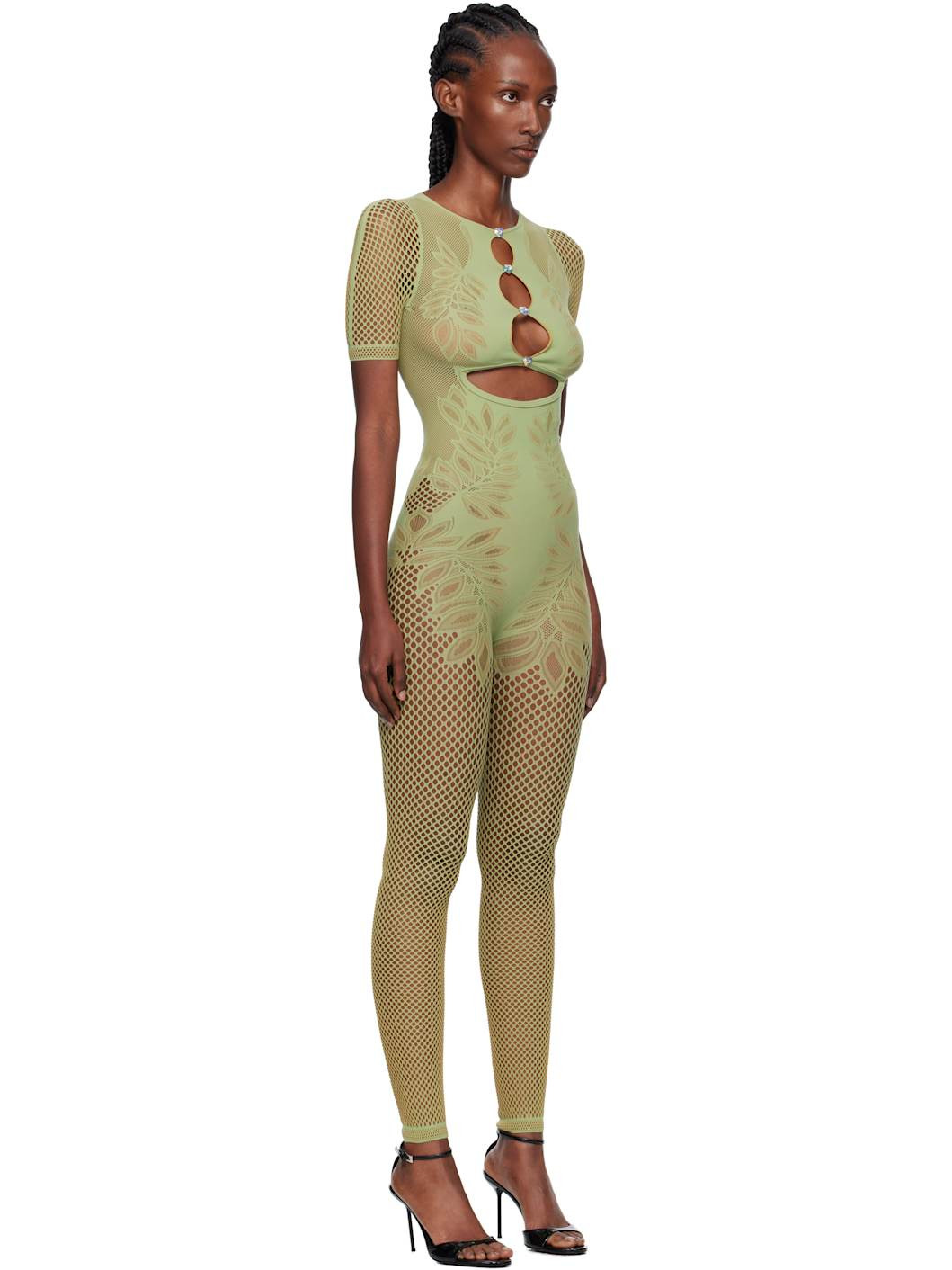 Green Dinero Leaves Cut Out Playsuit Jumpsuit - 2