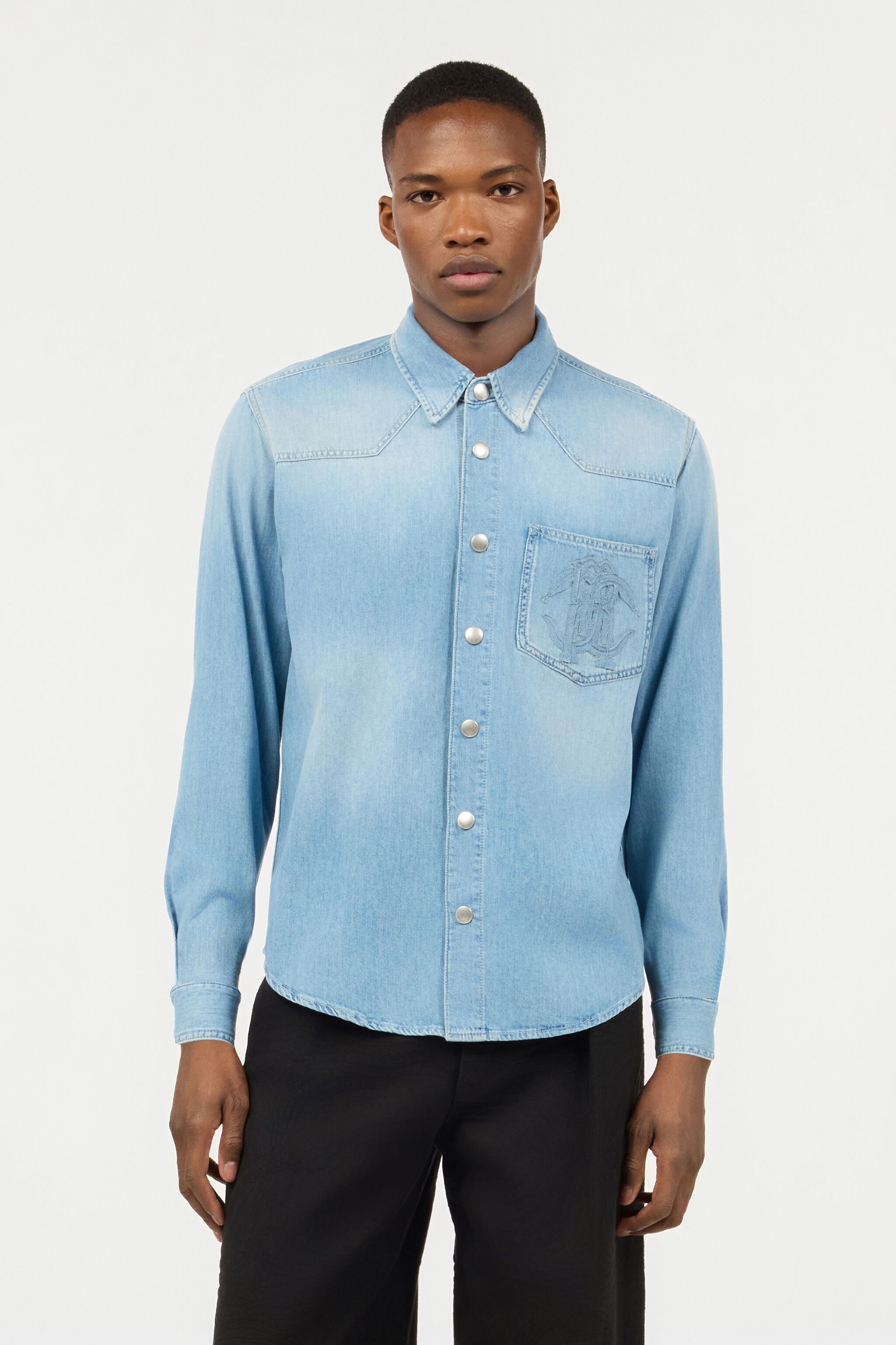 Denim Shirt With Mirror Snake Monogram - 3