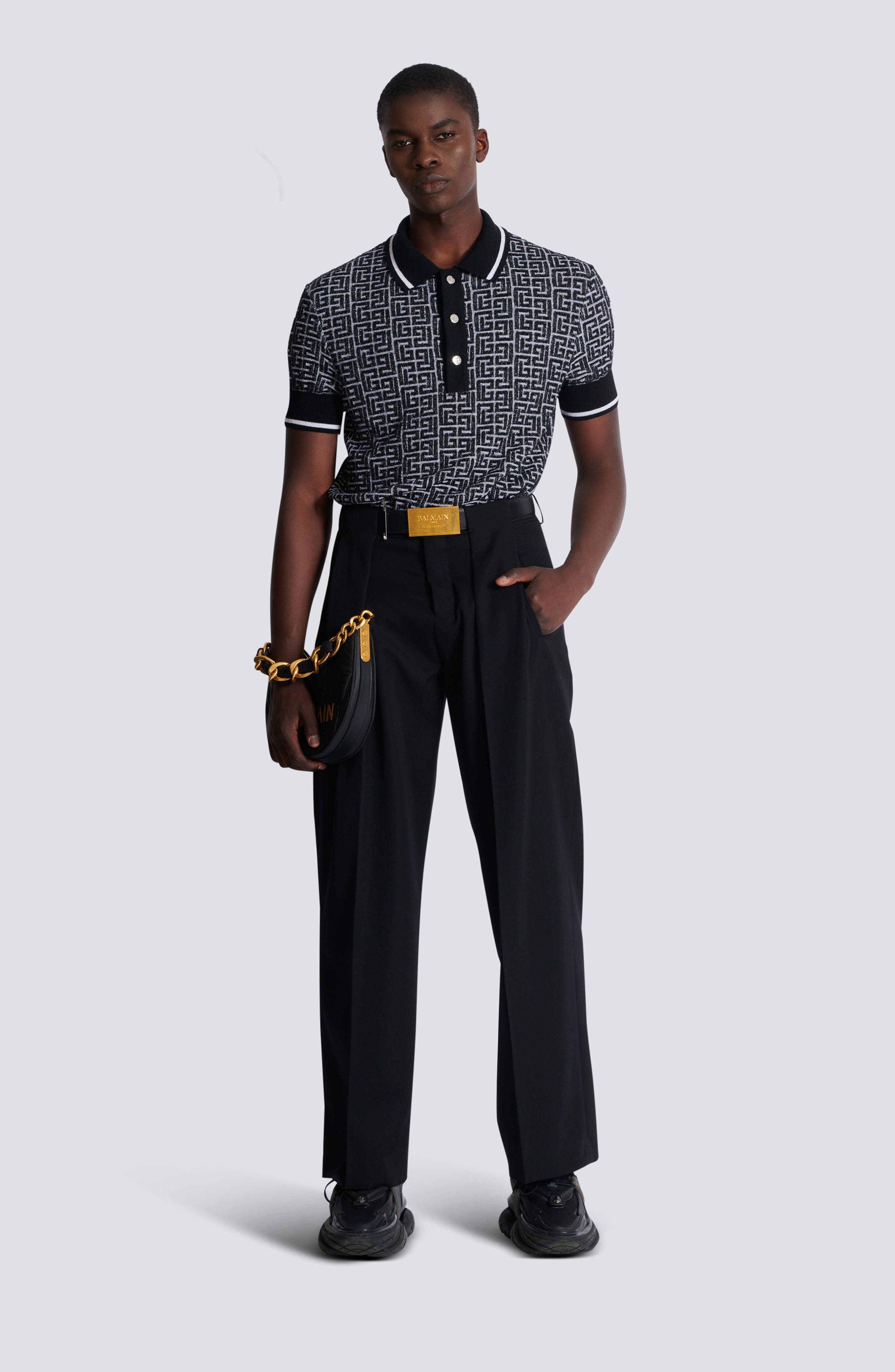 Balmain Monogram Jacquard Merino Wool Polo Sweater in Gab White/Black at Nordstrom - 5