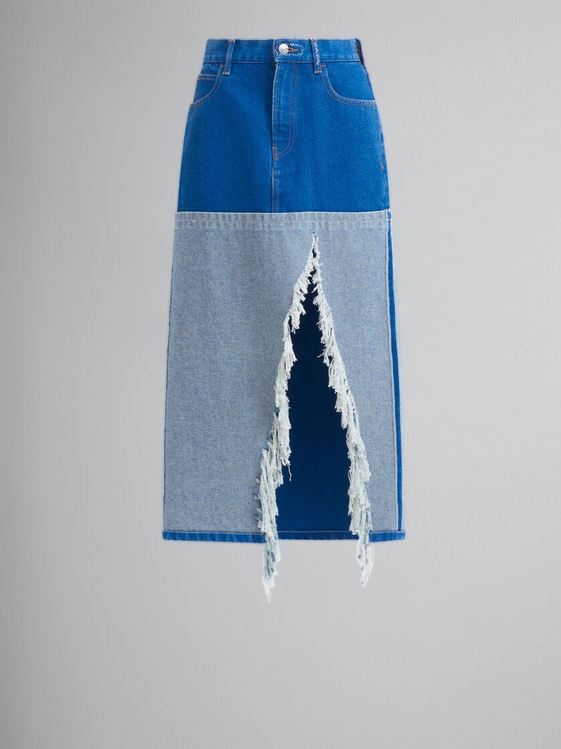 BLUE ORGANIC DENIM TWO-TONE MIDI SKIRT - 1