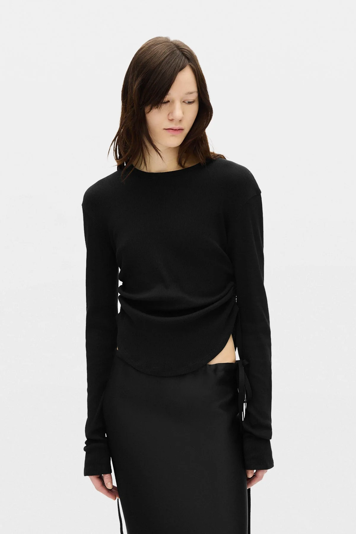 Dot Wrinkled Cropped Long Sleeves Top - 1