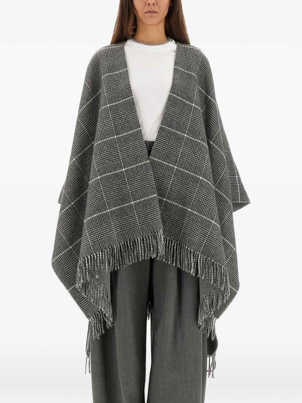 fringed check-pattern cape - 1