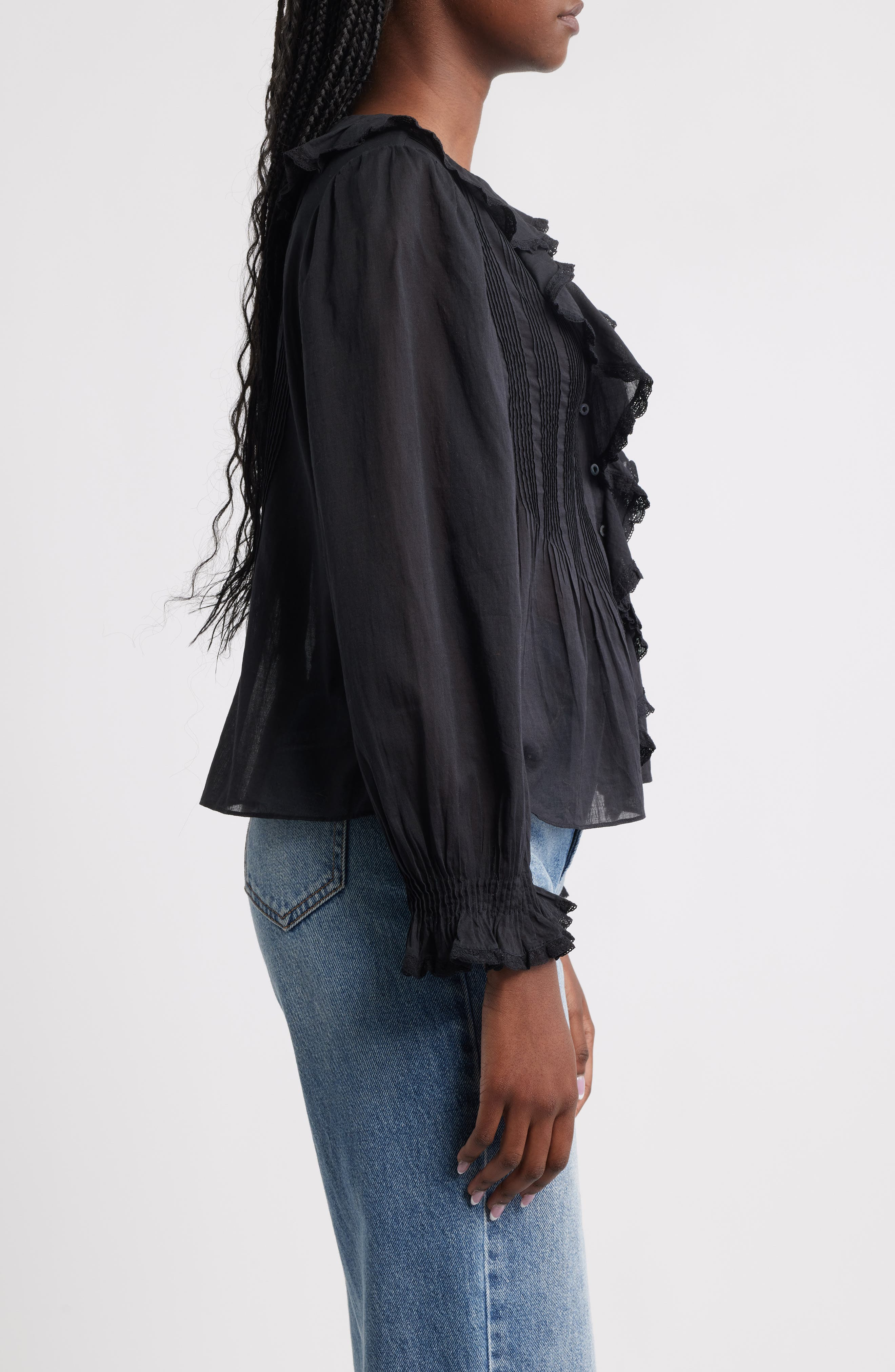 DÔEN Hardy Ruffle Pintuck Organic Cotton Top in Black at Nordstrom - 3
