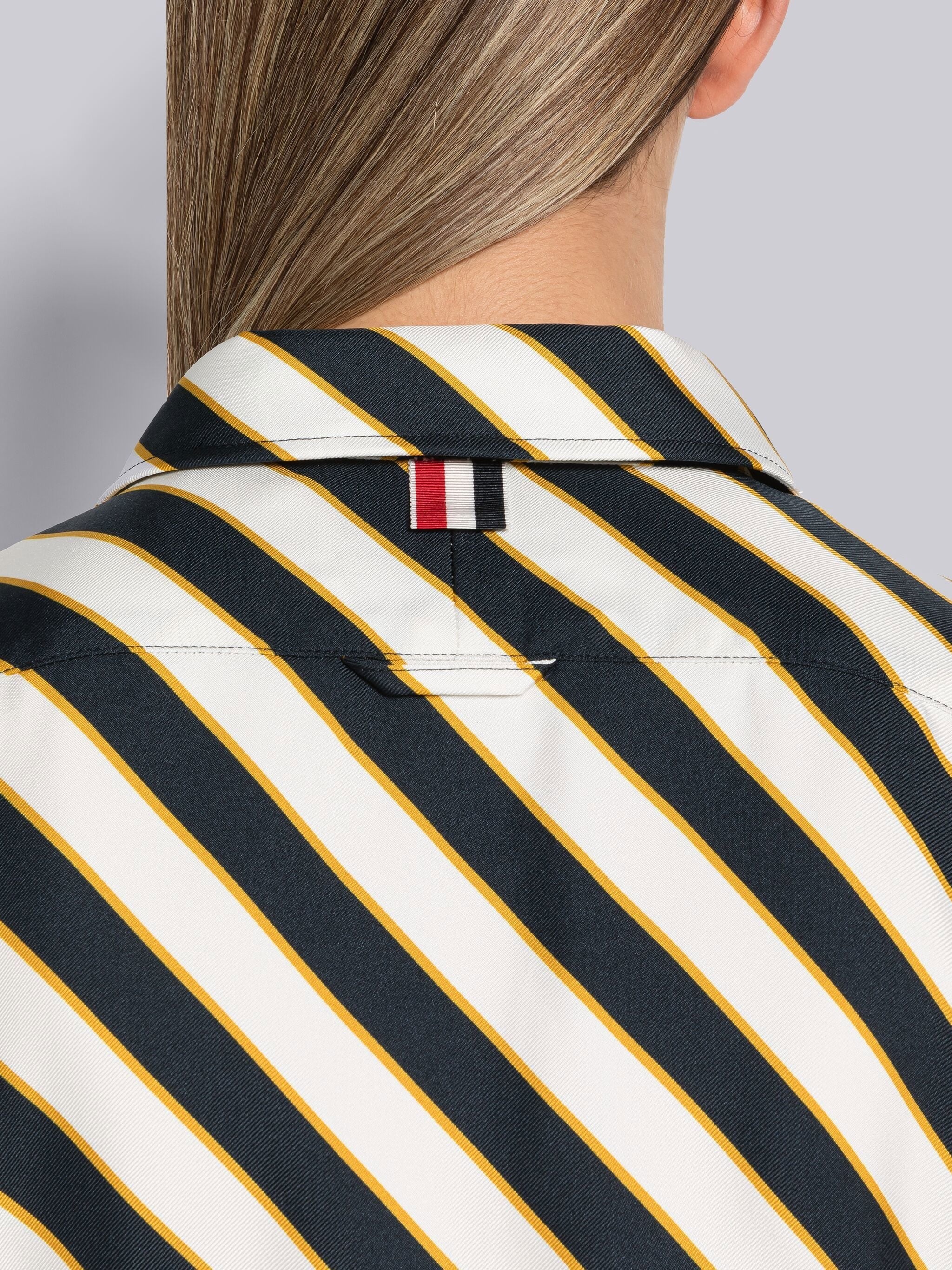 Awning Stripe Silk Twill Short Sleeve Tucked Blouse - 6