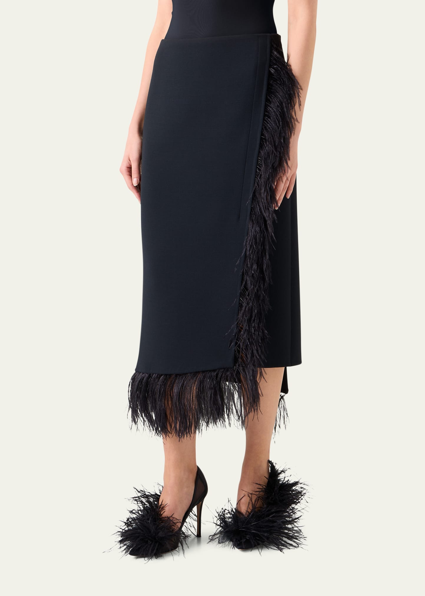 Feather-Trim Wool Stretch Double Face Midi Wrap Skirt - 4