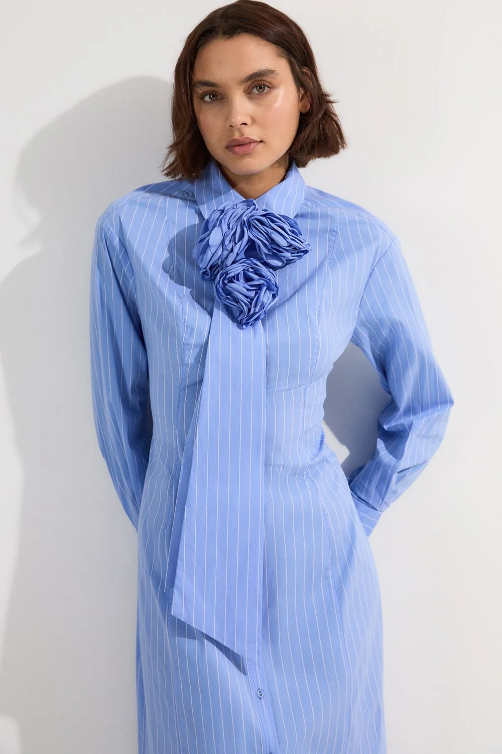Stripe Cotton Rosette Woven Shirt Maxi Dress - 1