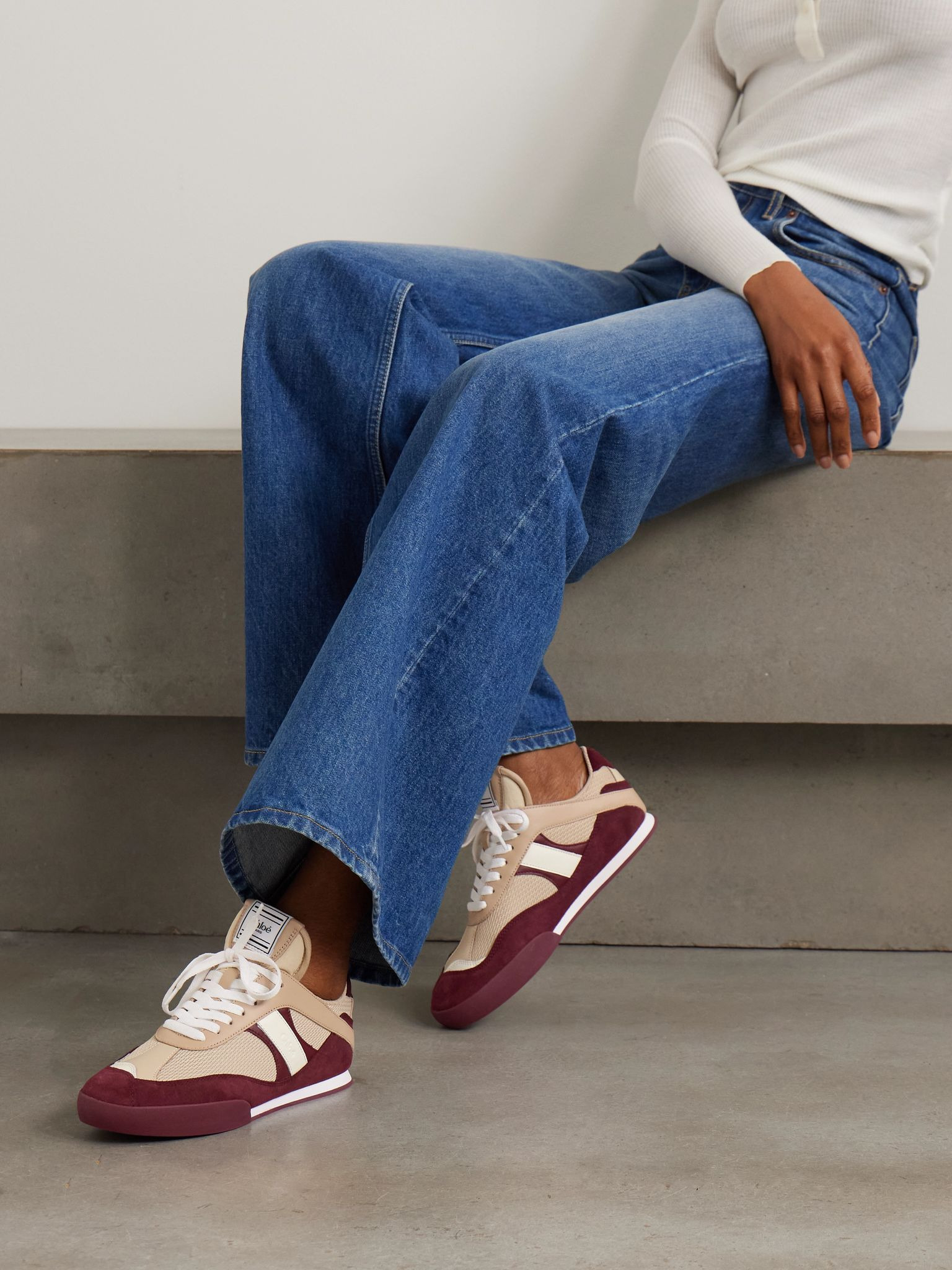 Kick leather and suede-trimmed mesh sneakers Beige - 2