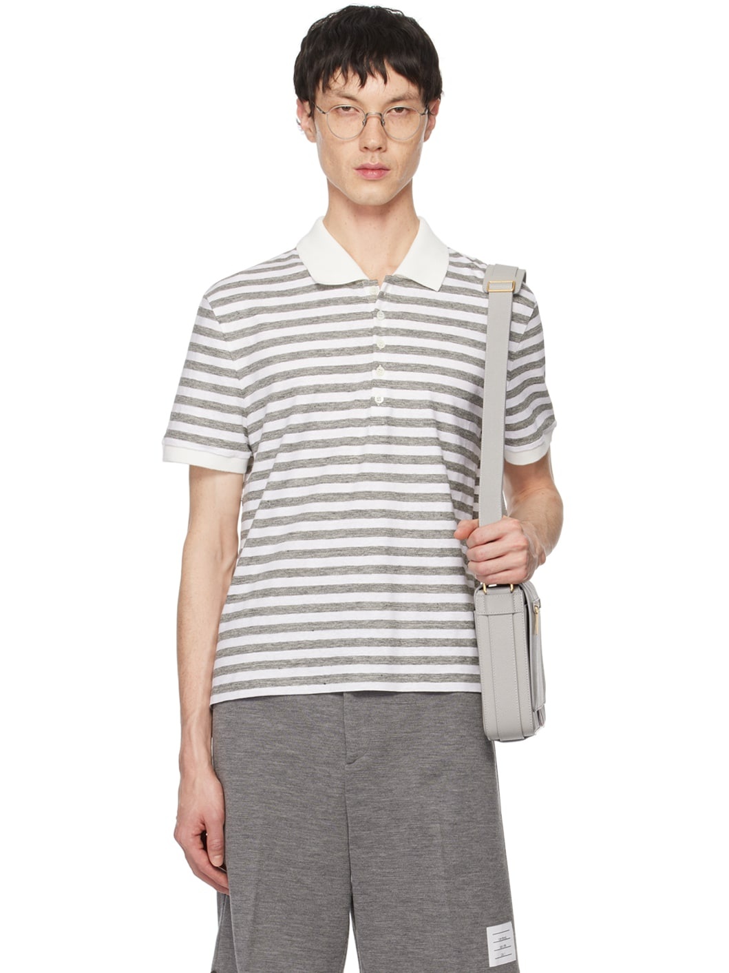 White & Gray Striped Short Sleeve Polo - 1