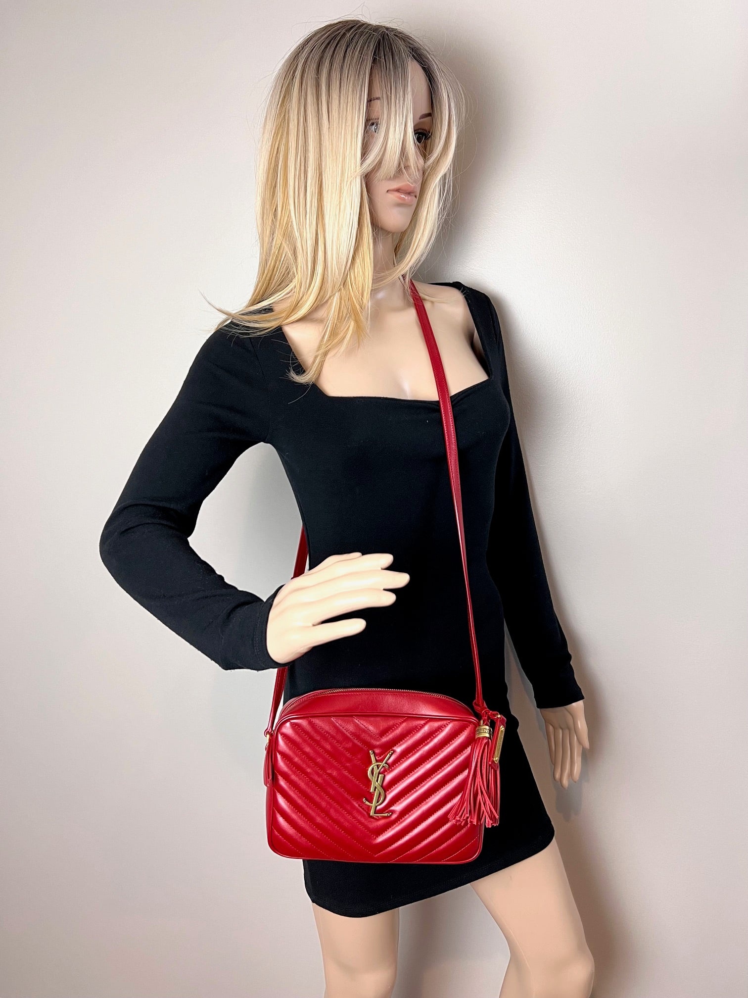 YVES SAINT LAURENT Matelasse Calfskin Lou Camera Red Crossbody Bag - 4
