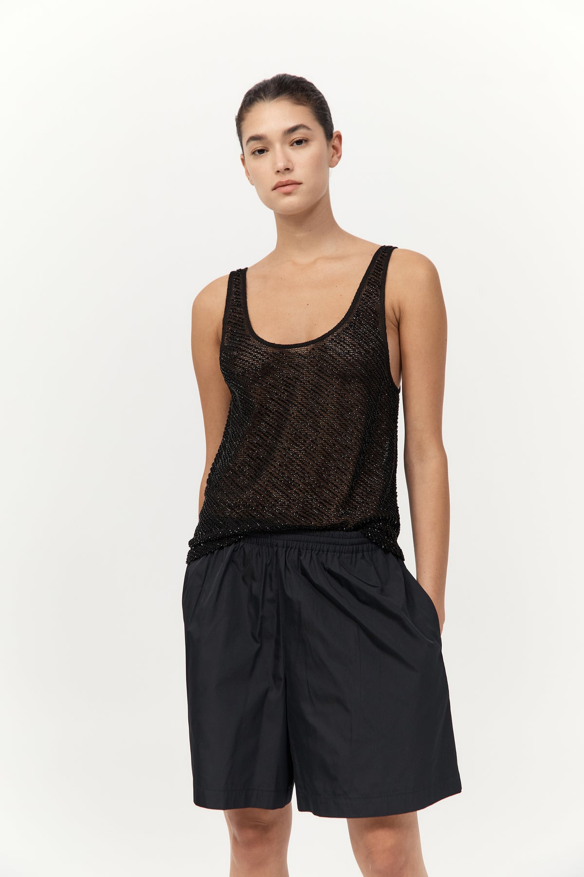 Glass Beaded Mesh Top - Jet Black - 2