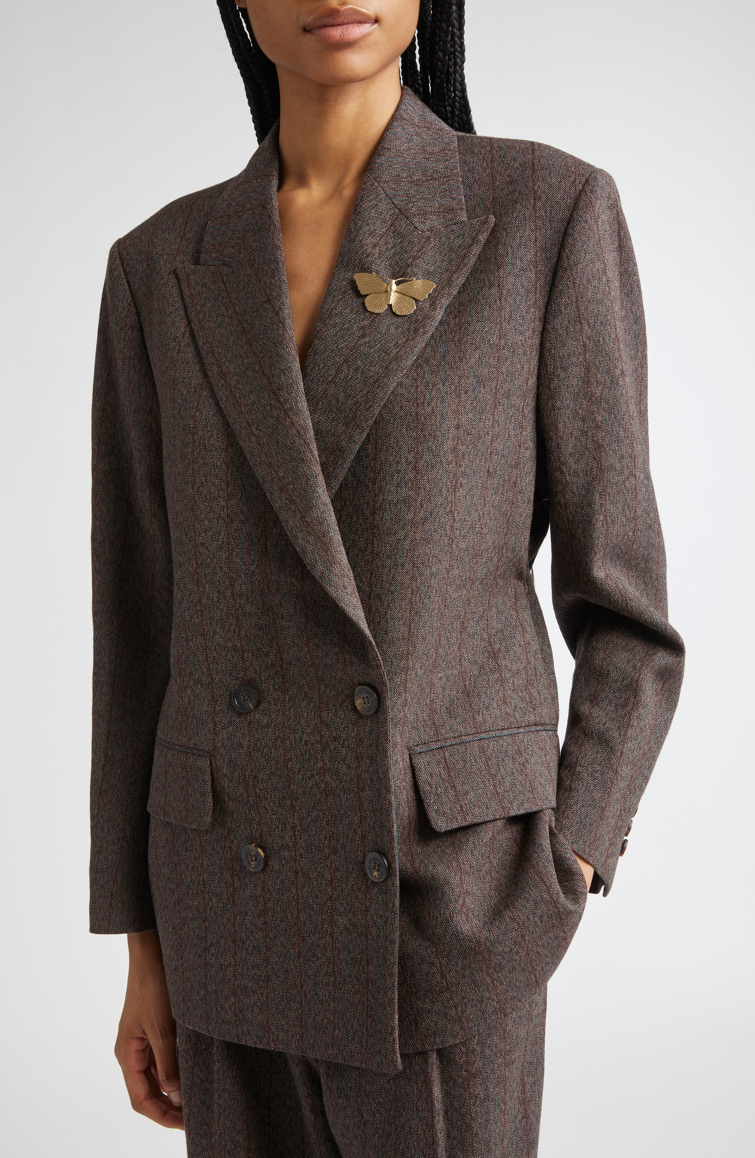 Golden Goose Journey Double Breasted Pinstripe Virgin Wool Blazer in Cocoa Brown/Turquoise at Nordst - 5