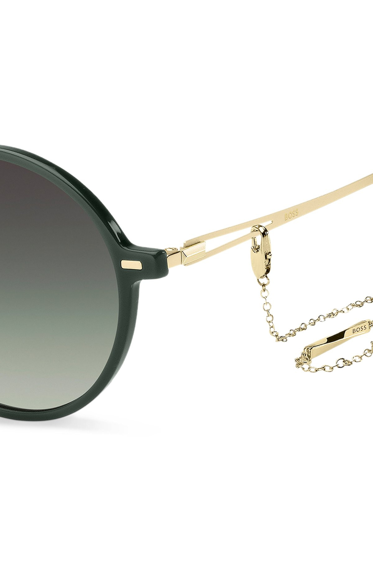ROUND-FRAME SUNGLASSES IN GREEN ACETATE WITH BRANDED CHAIN - 2
