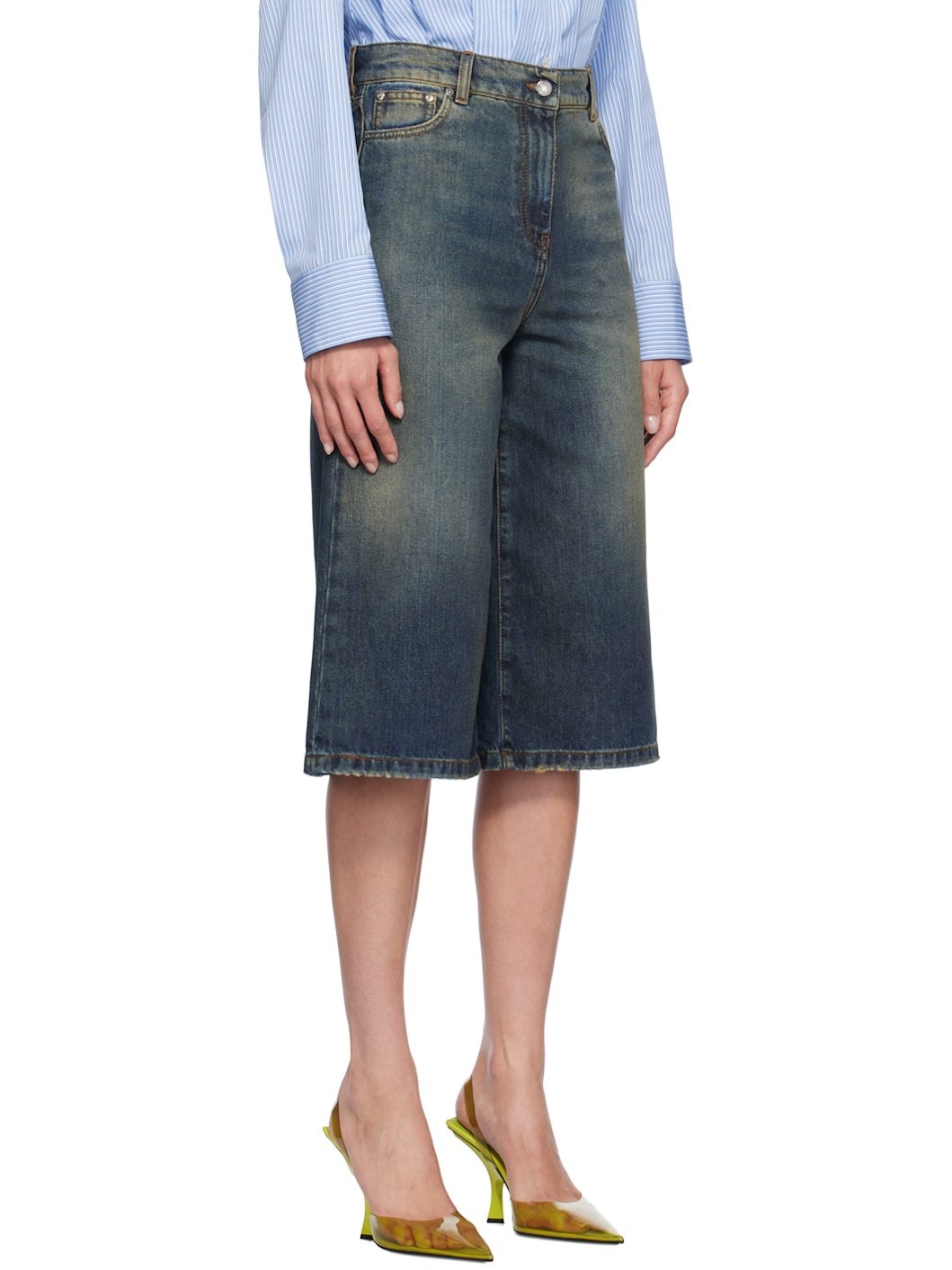 Indigo Embroidered Denim Shorts - 2