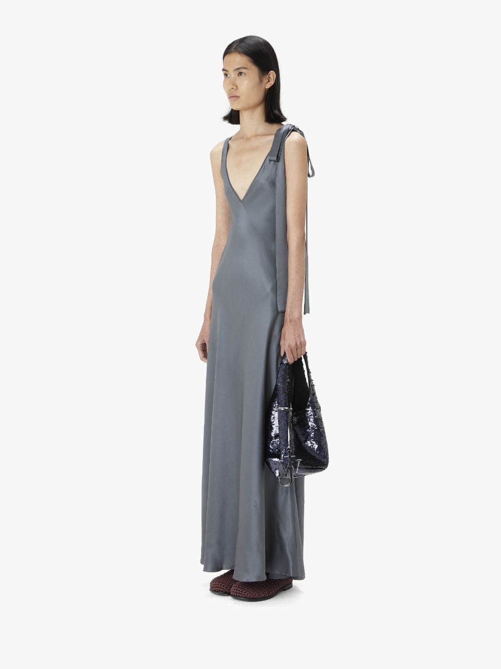 SHOULDER TIE SILK LONG DRESS - 4