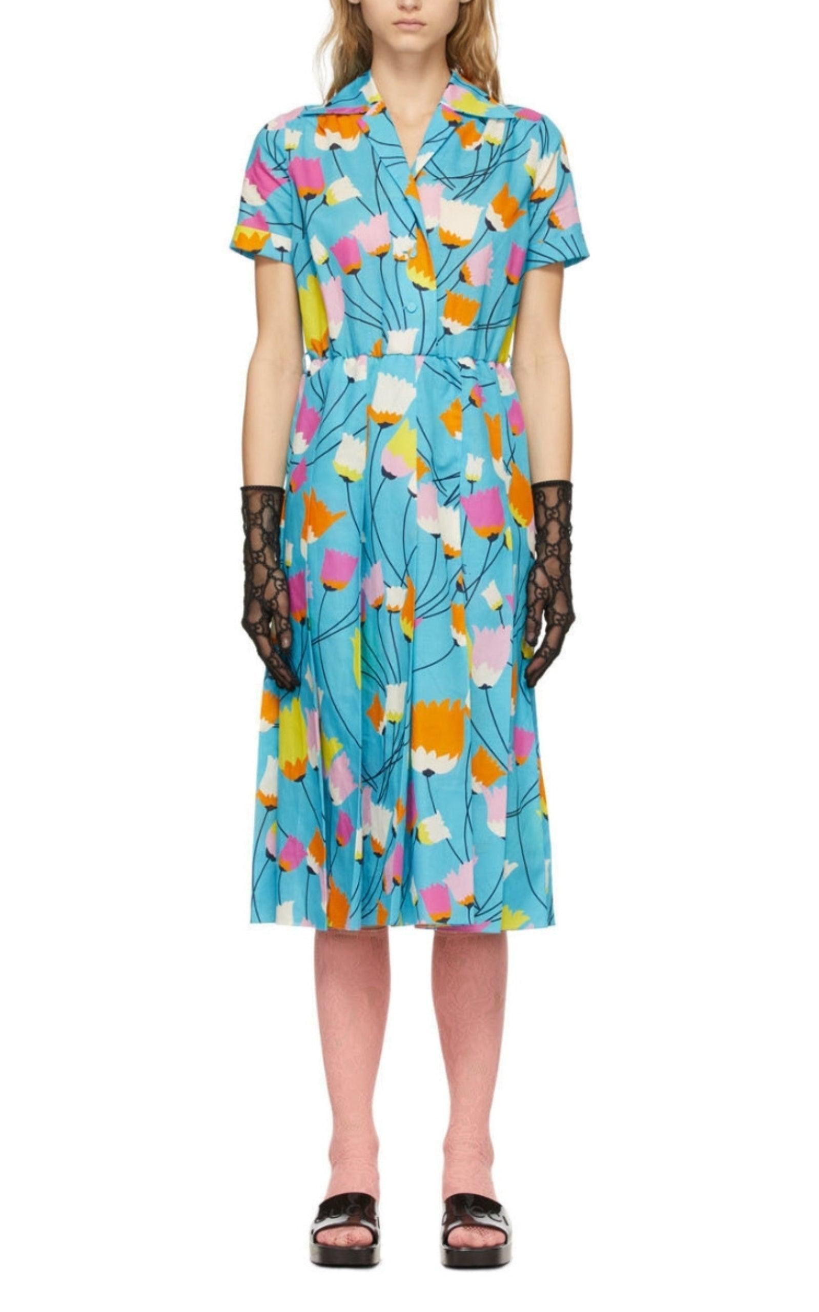 Blue Tulip Print Pleated Dress - 4