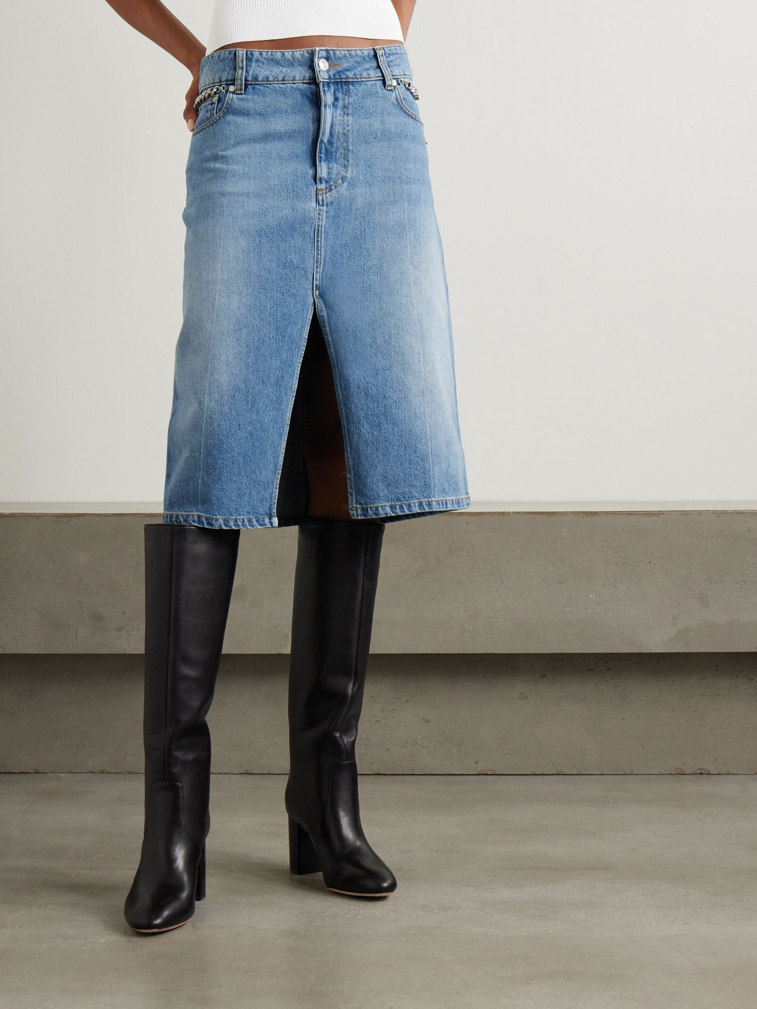+ NET SUSTAIN chain-embellished denim midi skirt Blue - 3