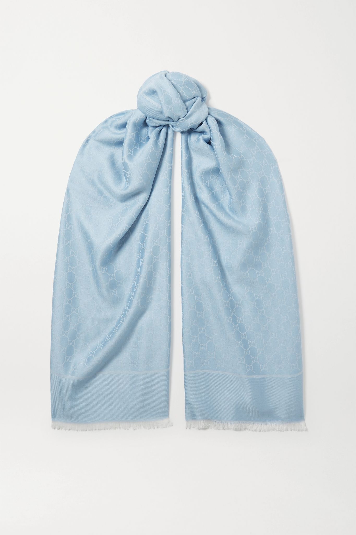 Fringed wool, cotton and silk-blend jacquard scarf - 1